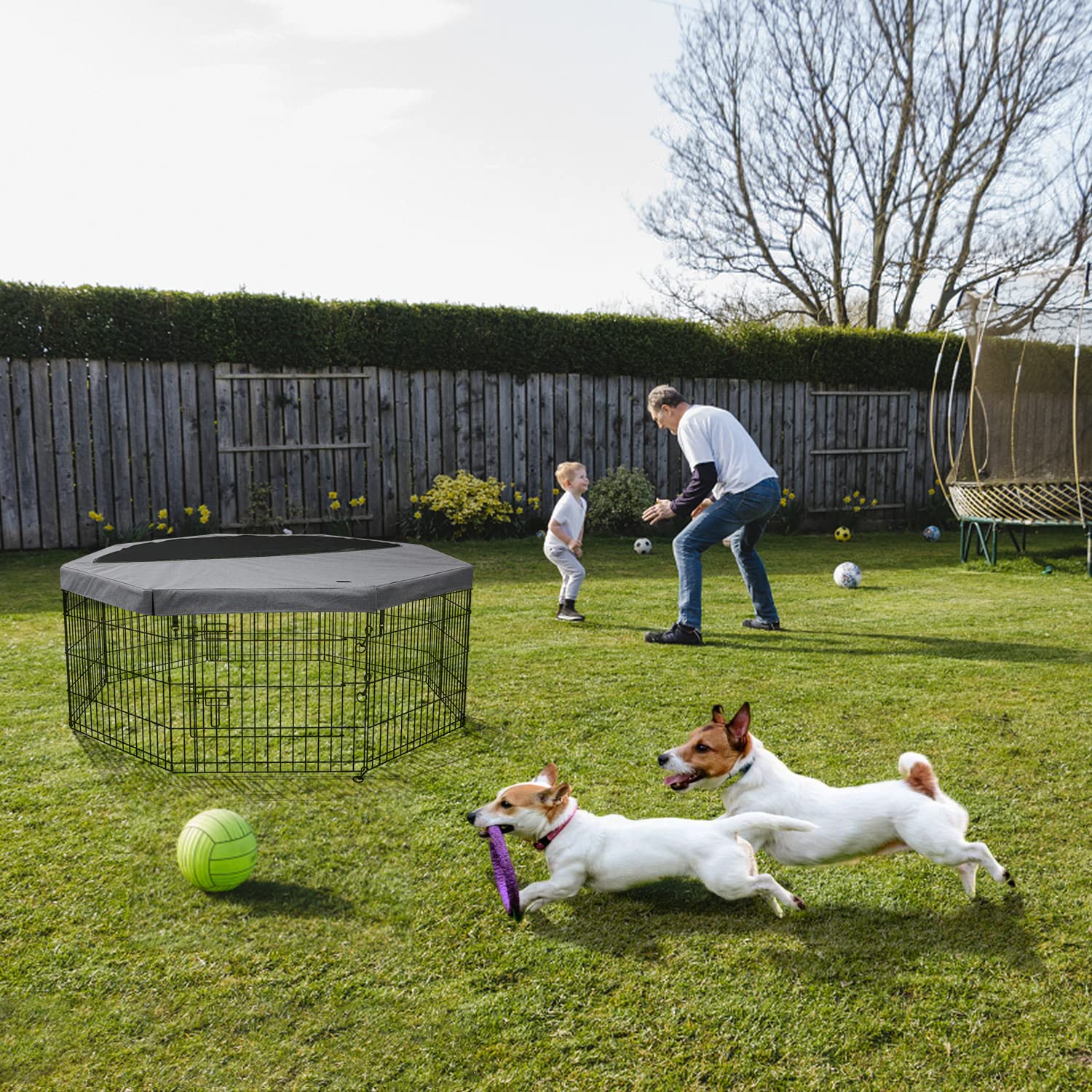 PETIME Foldable Metal Dog Exercise Pen, 8 Panel Playpen with Top Cover, 24" W x 36" H, Gray, Indoor/Outdoor Use