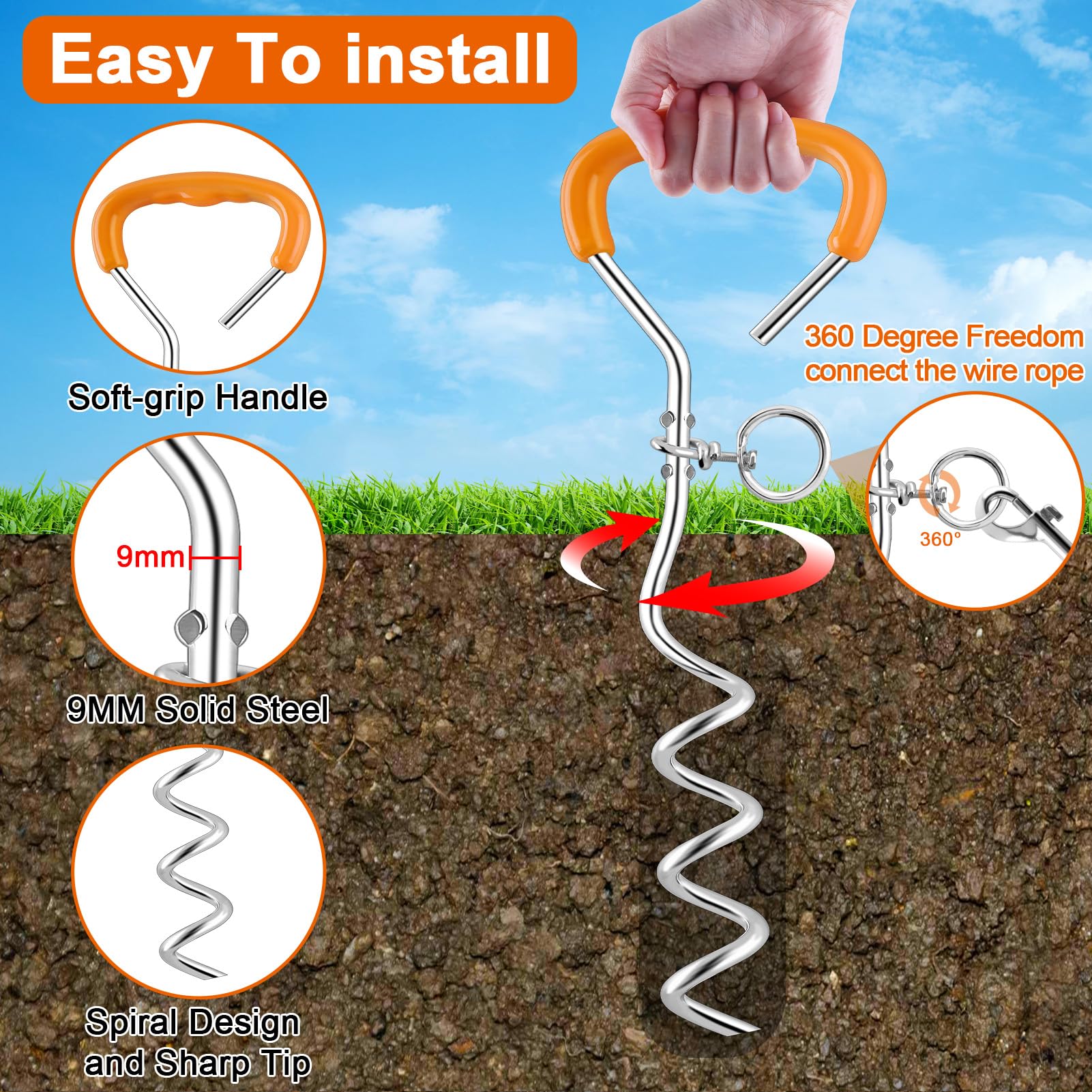 LANNEY Dog Tie Out Cable and Stake, 30ft Leash Chain Lead with Swivel Hook and Shock Spring for Yard Outside Camping, 16 inch He