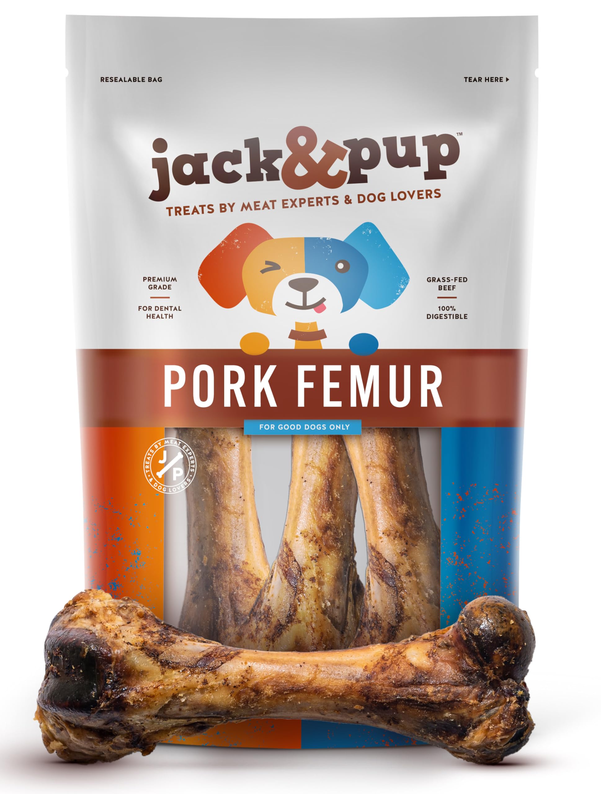Jack&Pup 8 Pork Femur Bones for Dogs, Big Bones for Large Dogs, Gourmet Ham Beef Bones for Agressive Chewers, 4 Pack