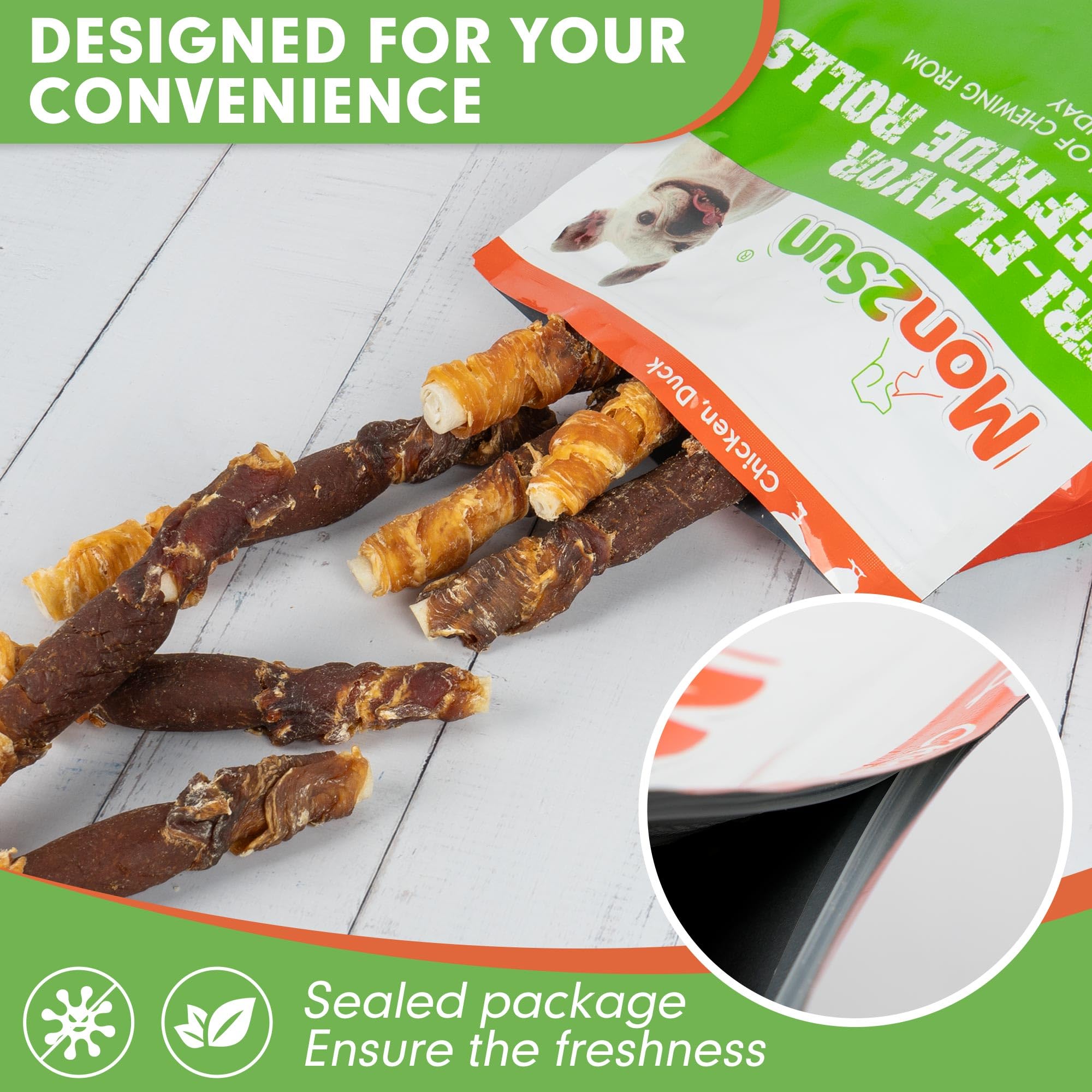 MON2SUN Dog Treats, Triple Flavor 5 Inch Chicken Liver Duck and Chicken Wrapped Rawhide Snacks for Small and Medium Dogs, 10.58