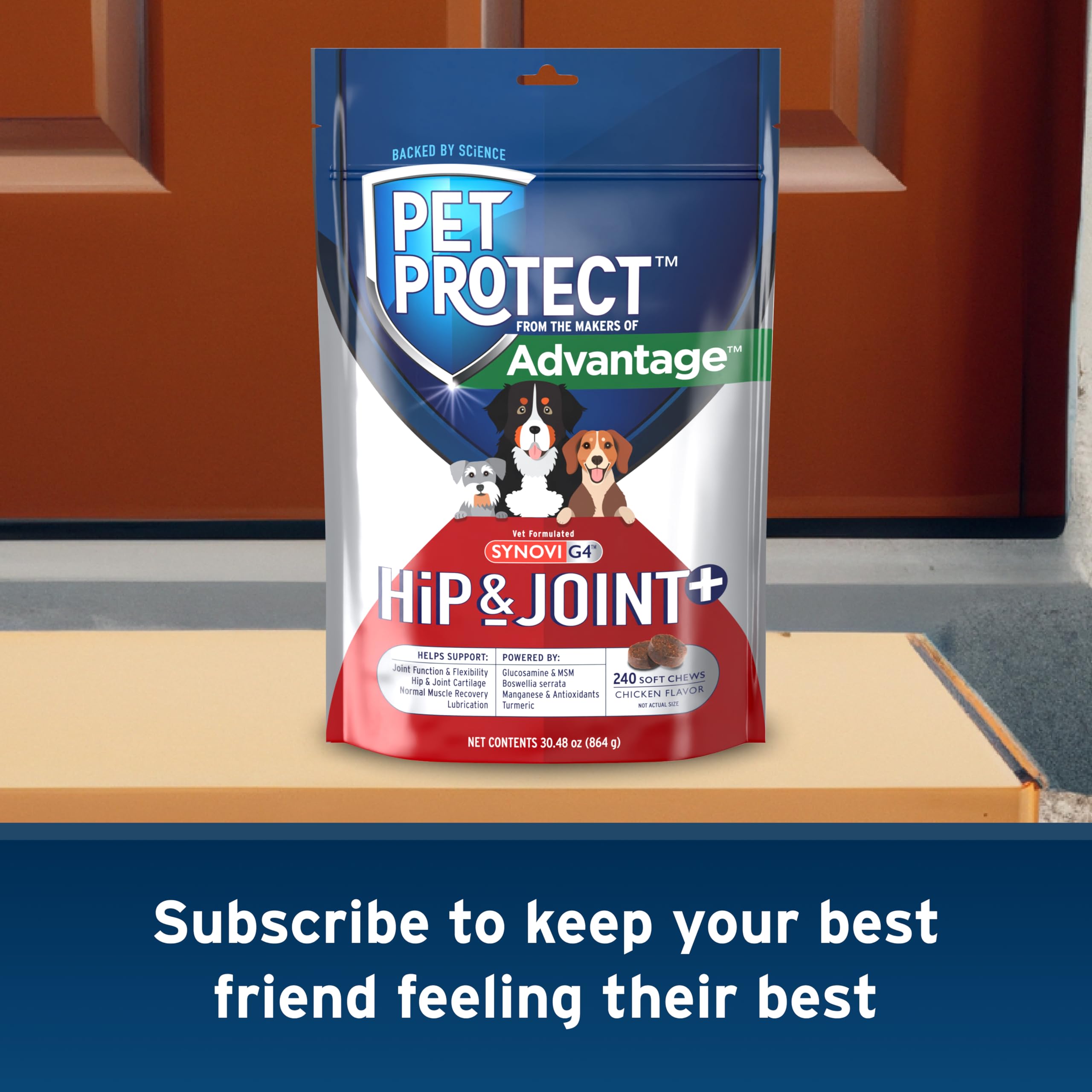 Pet Protect Dog Hip & Joint+ Supplement for Active & Aging Dogs, Vet-Formulated Synovi G4, Dog Glucosamine, Chicken-Flavored Sof