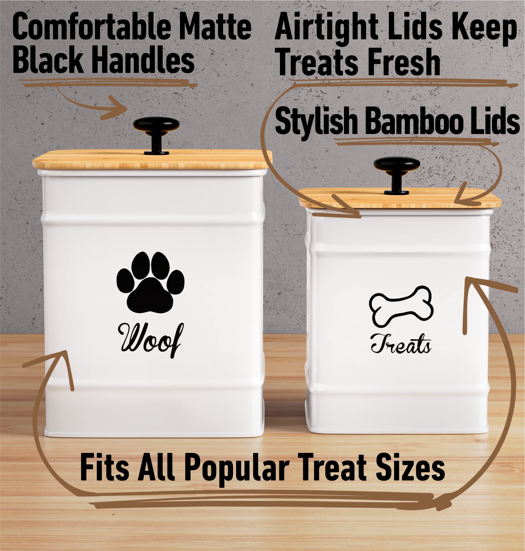 Dog Treat Container Airtight Set of 2 - 8x6 & 7x5 inch Iron Dog Treat Jars for Kitchen Counter with Airtight Bamboo Lids - 20 Cu