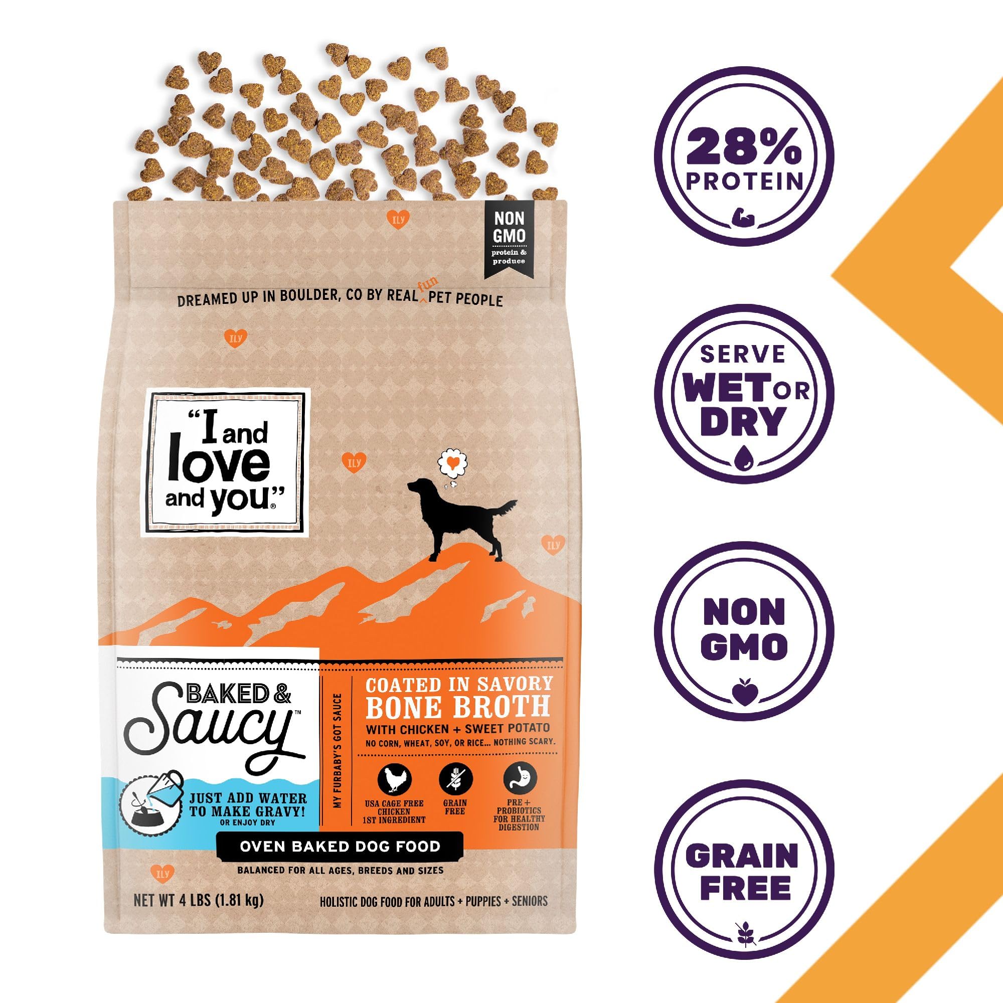 I AND LOVE AND YOU Baked and Saucy Dry Dog Food - Chicken + Sweet Potato - Prebiotic + Probiotic, Real Meat, Grain Free, No Fill