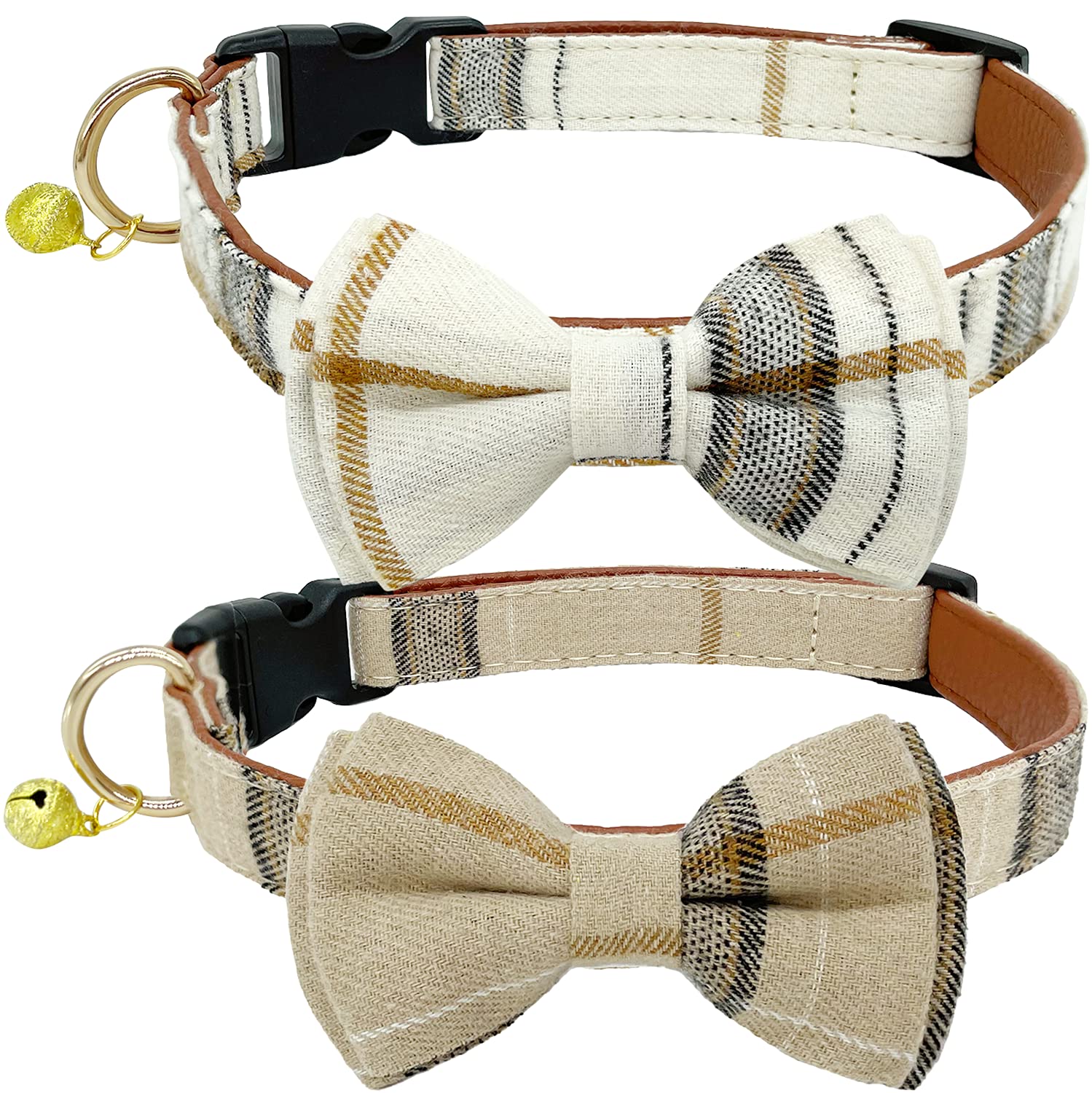 Kudes 2 Pack/Set Dog Collars With Bow Tie And Bells, Adjustable Cute Dog Bow Ties Collar For Small/Medium/Large Boys And Girls Pets (Beige & Brown, S(9.6''-13.8''))