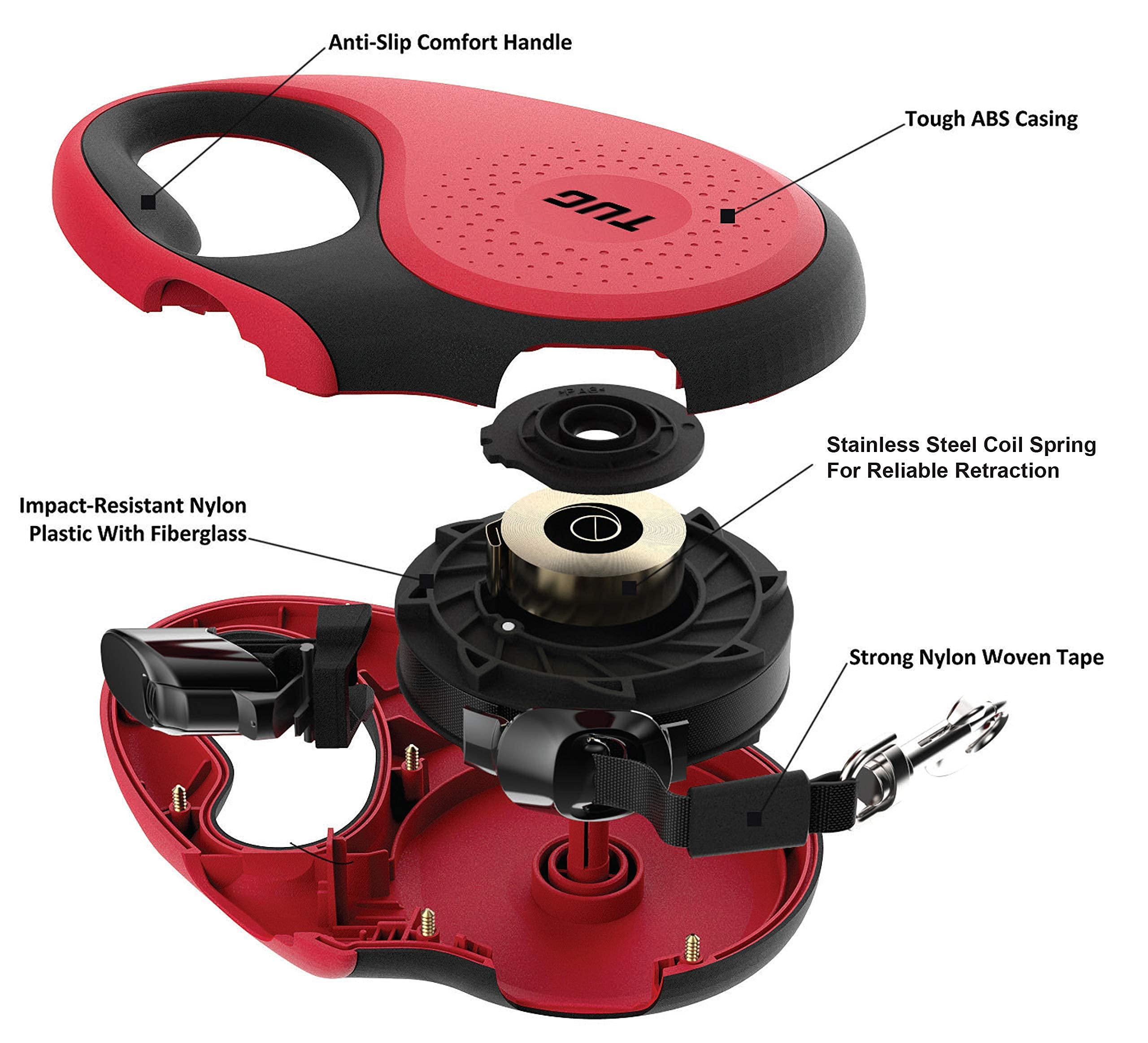 Tug Tiny 360 Tangle-Free Retractable Dog Leash With Anti-Slip Handle | 10 Ft Nylon Tape | One-Handed Brake, Pause, Lock (Red)