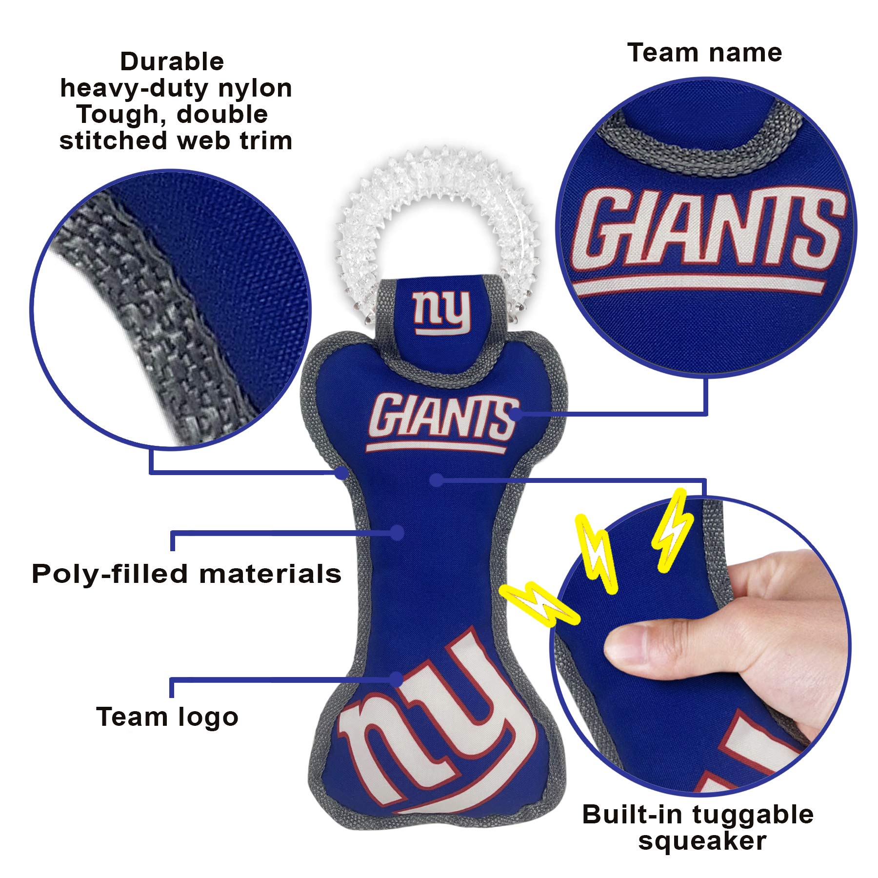Pets First NFL New York Giants Dental Dog TUG Toy with Squeaker. Tough PET Toy for Healthy Fun, Teething & Cleaning Pet's Teeth