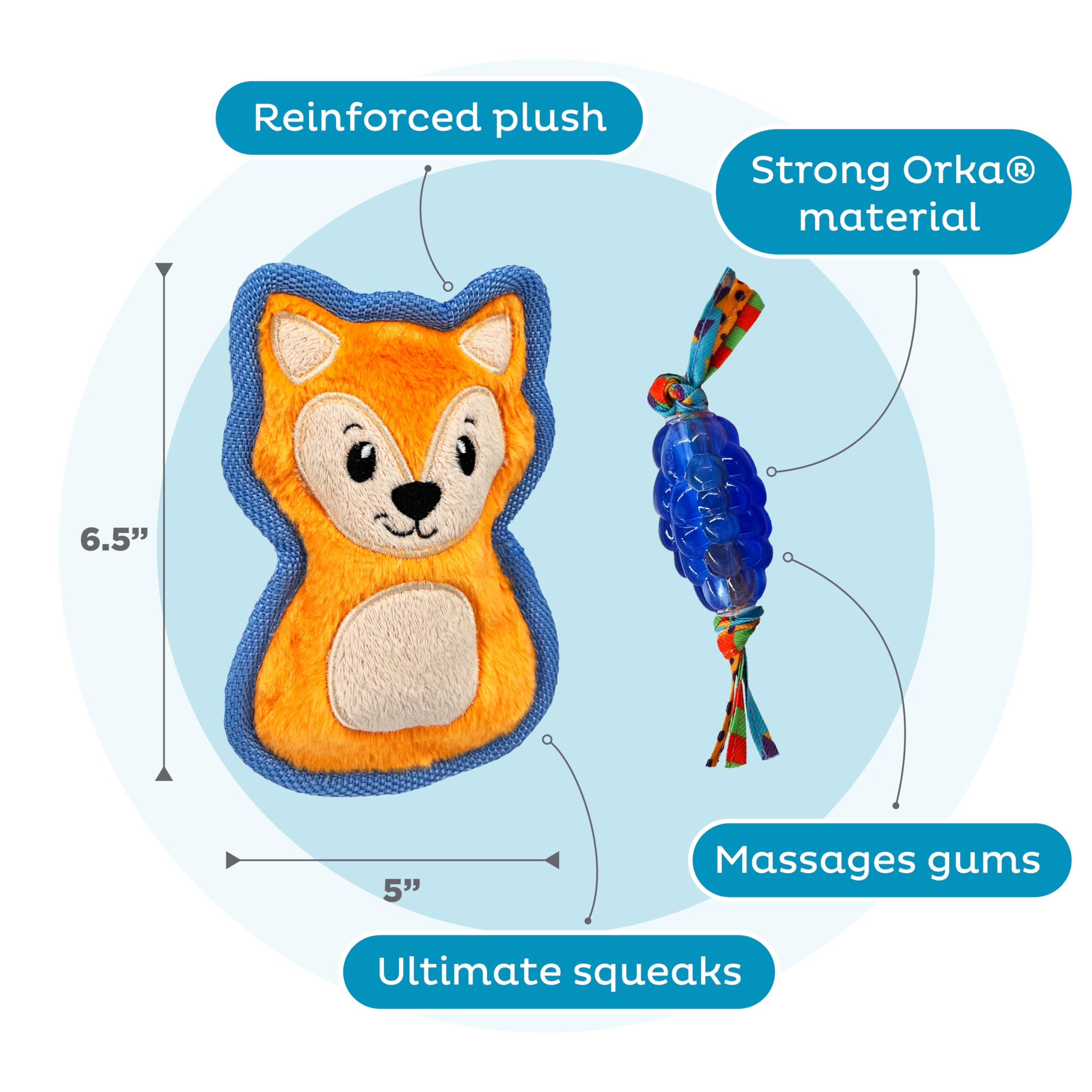 Outward Hound Mini Orka & Friends Fox Dog Toys, Dental Chew Toy And Tough Plush Squeaky Dog Toys, 2-Pack, Orange, Xs