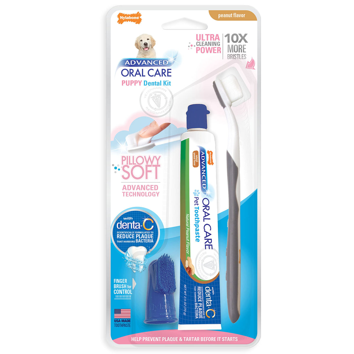 Nylabone Advanced Oral Care Puppy Dental Kit With Pillowy Soft-Bristle Toothbrush Peanut Butter (3 Count)