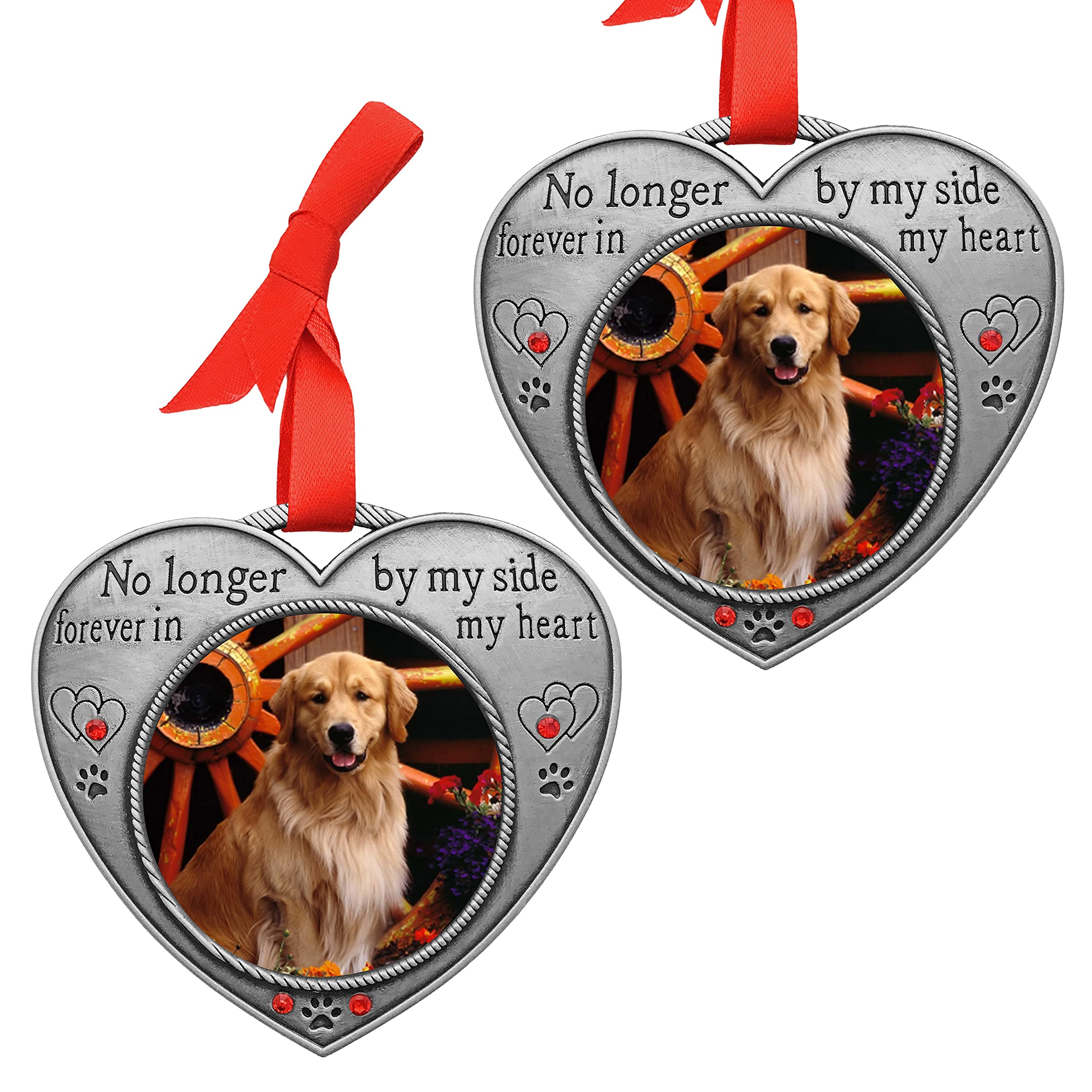 Pet Memorial Picture Christmas Ornament - No Longer By My Side - Heart Shaped Photo Frame Ornament - Loss Of A Pet - Pet Sympathy - 2 Pack - Gift/Storage Bags Included