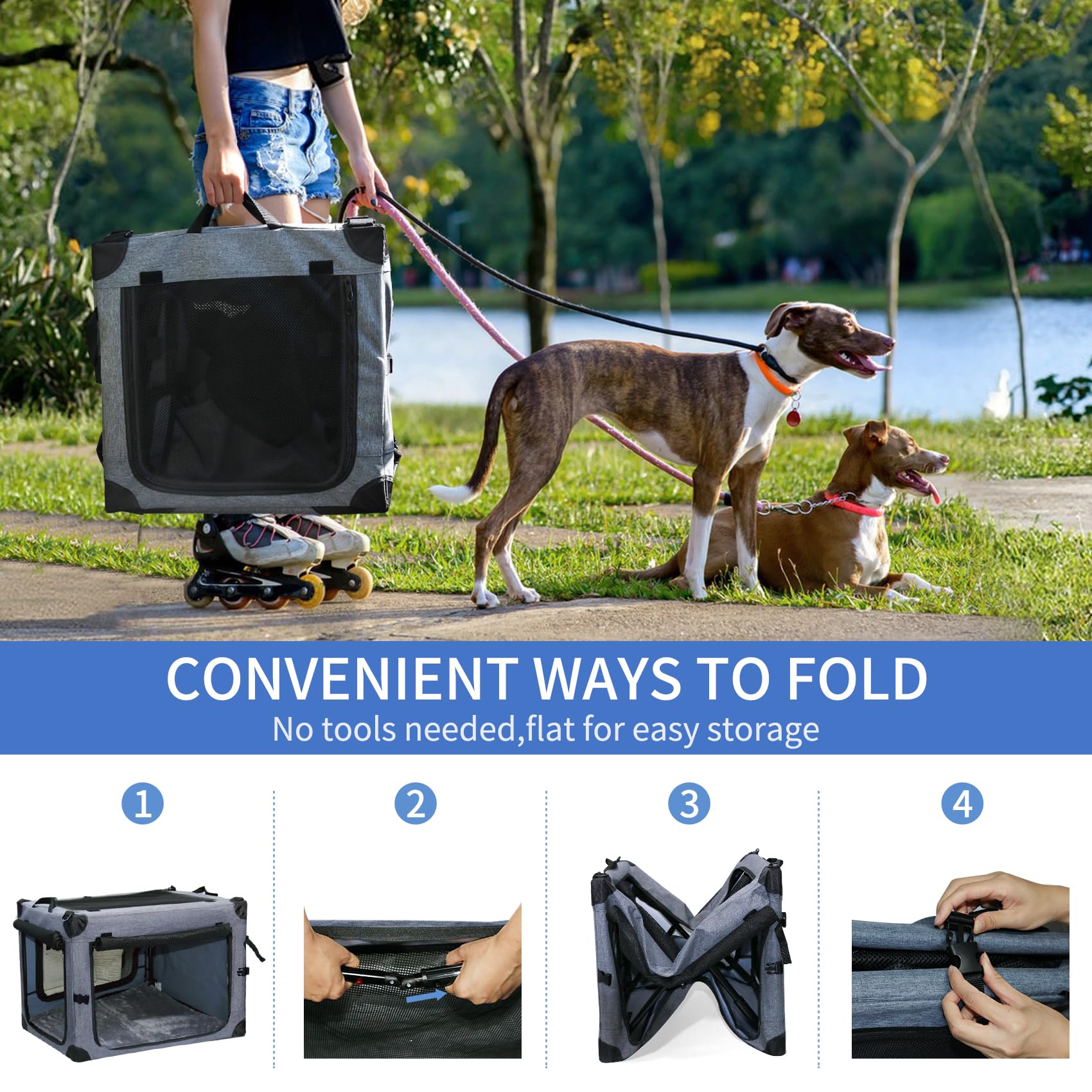 Nezuc Soft Collapsible Dog Crate - 24 Inch Portable Soft Sided Travel Dog Crates For Small Dogs, 4-Door Foldable Dog Carrier, Pe