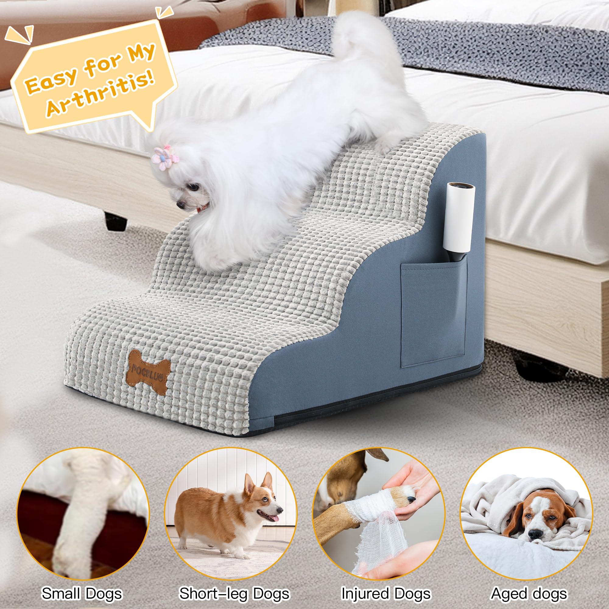 Dog Stairs For Small Dogs, Curved Pet Step With Leakproof Cover, High Density Foam Cat Ramp For Bed Or Sofa, 3 Steps Grey