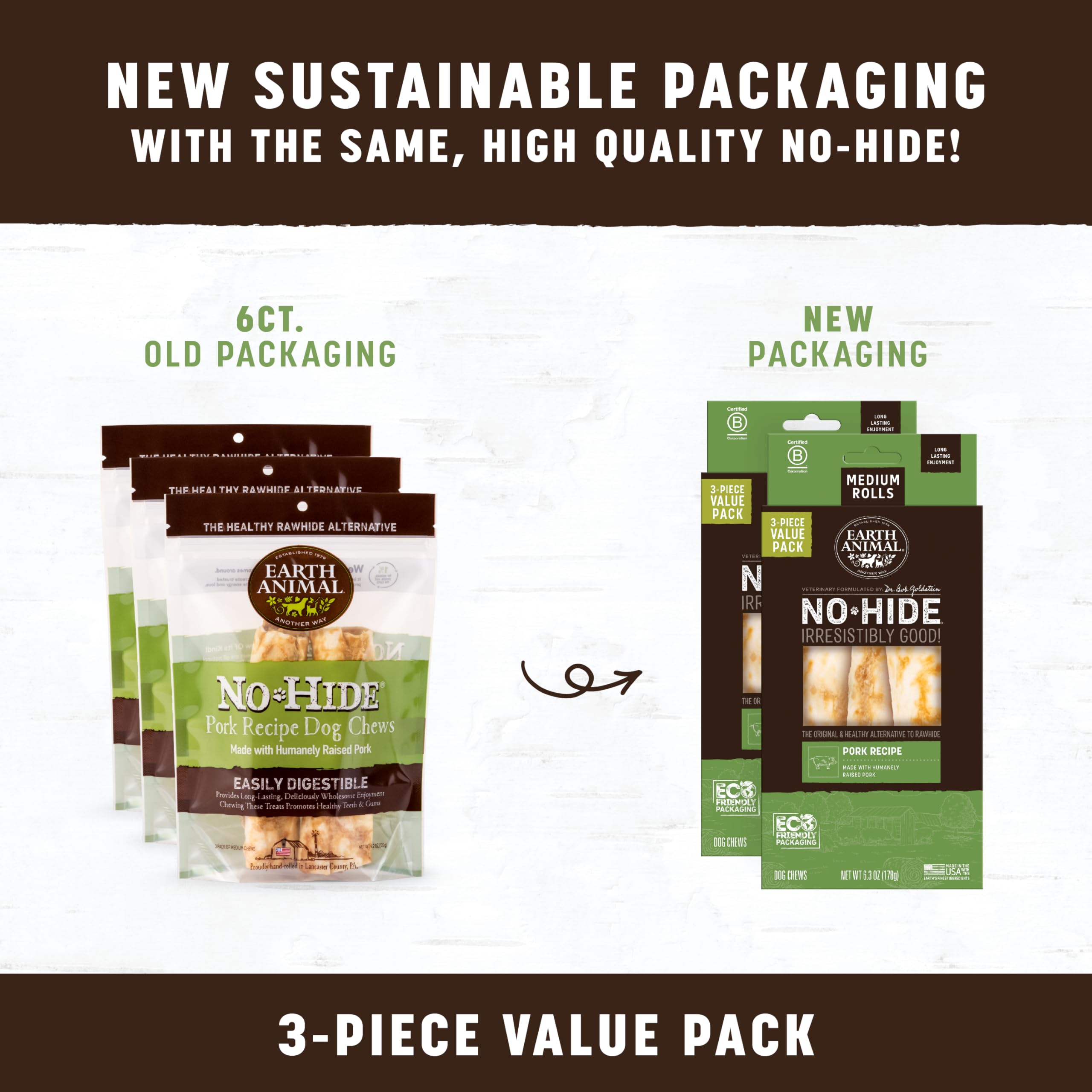 Earth Animal No Hide Chews - Long Lasting Rawhide Free Medium Dog Chews Rolls, Pork - 3 Count Value Pack