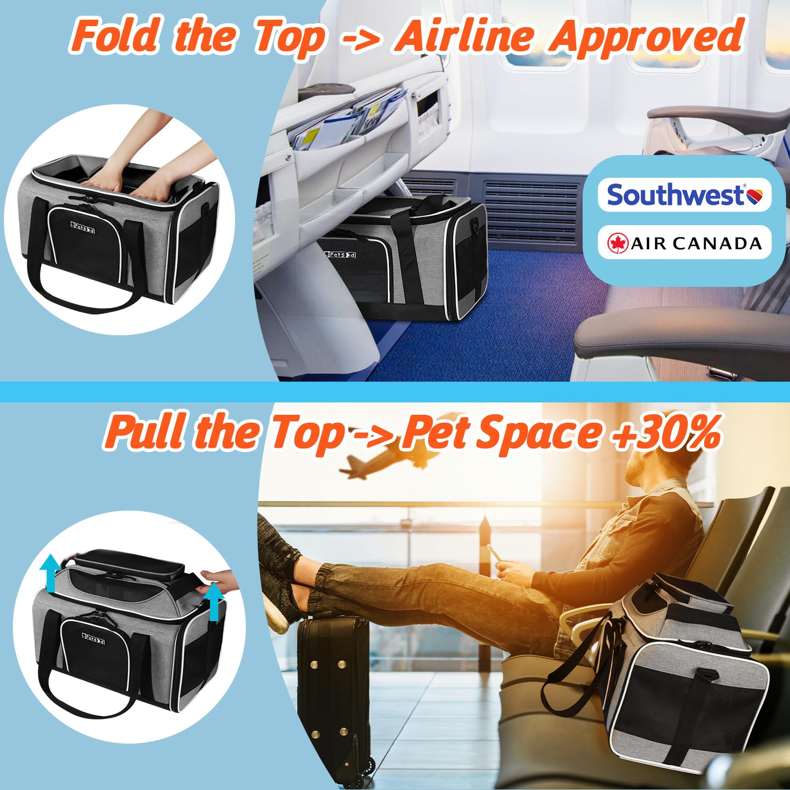 Petskd Top-Expandable Pet Carrier 18X13X9.5 Inches Southwest Airline Approved, Soft-Sided Carrier For Small Cats And Dogs With L