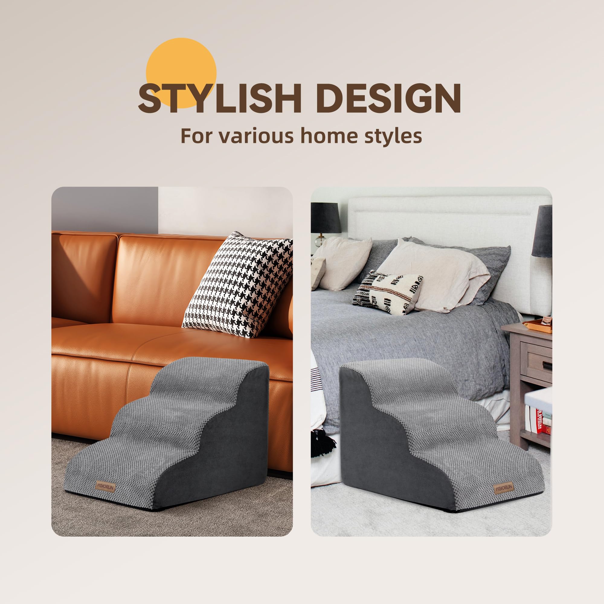 Miorun Dog Stairs Ramp For Bed And Couch Up To 17', Slope 3-Step Foam Steps For Pets To Get On Sofa, Puppy Ladder With Washable