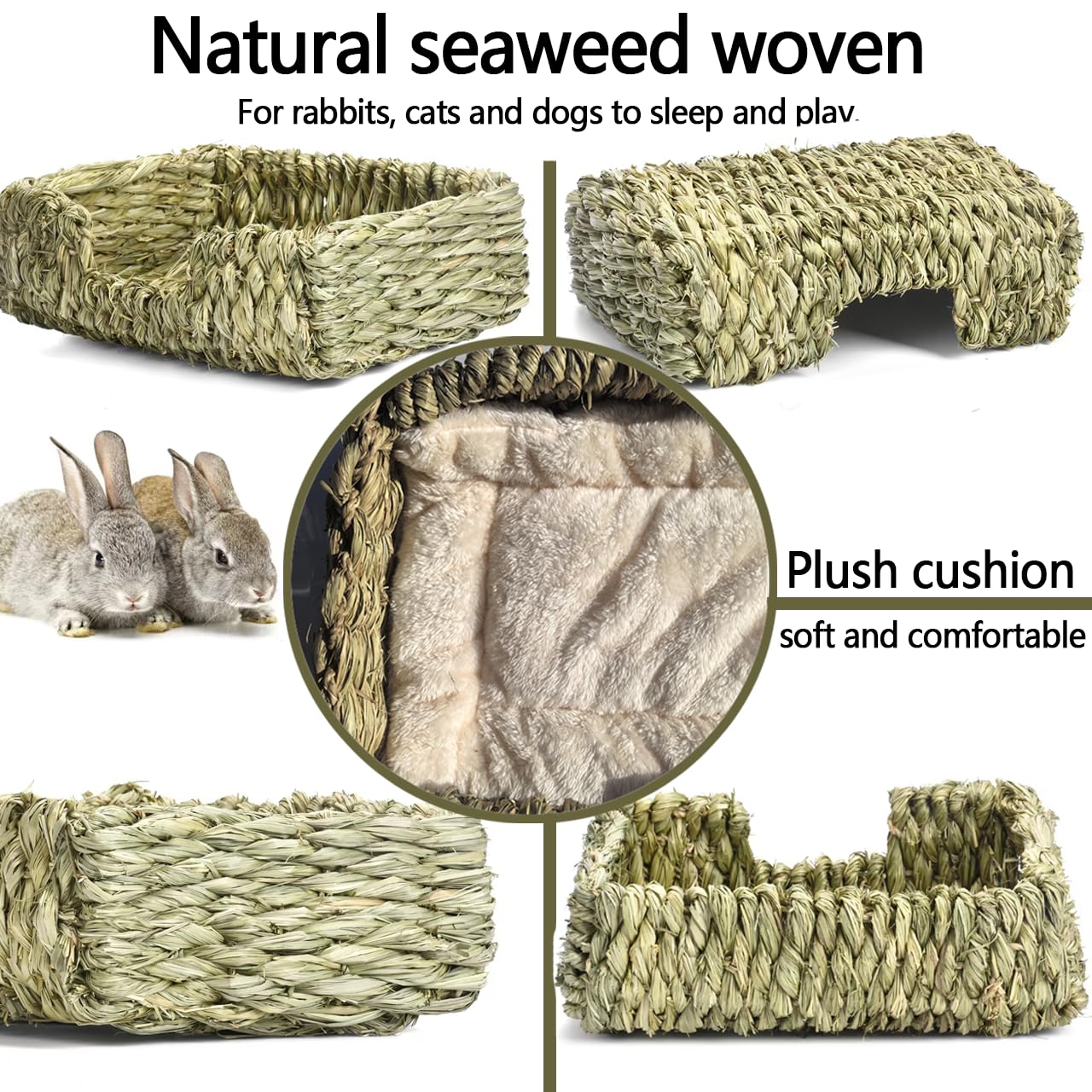 Kitkni Natural Seaweed Pet Bed With Plush Cushion, 4 Woven Balls, Handmade Tetragonal Pet Basket, Cozy Indoor Den For Rabbits, C