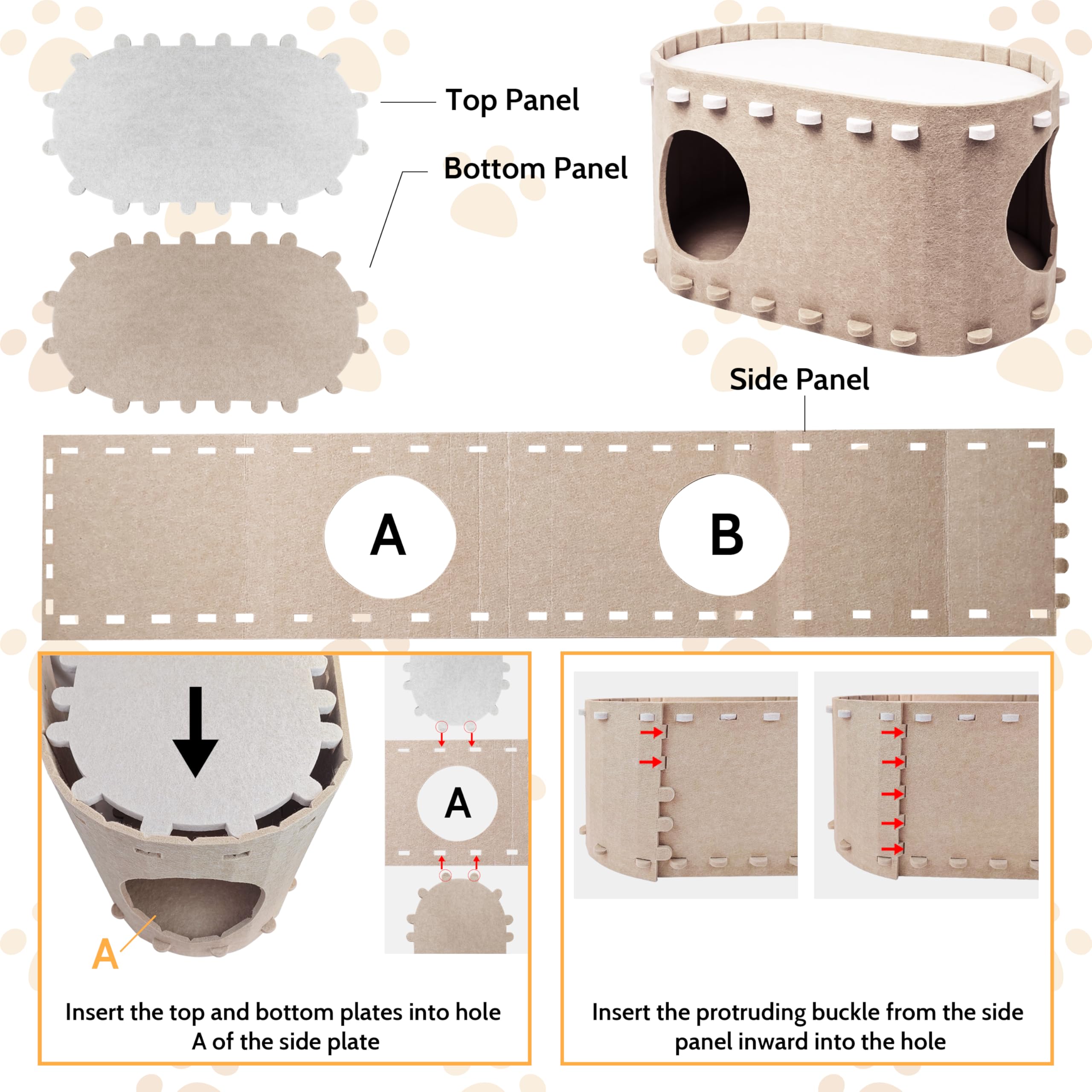 Cat House For Indoor Cats, Foldable Kitten Hideaway, Natural Wool Felt Covered Cat Tunnel Bed, Peekapurr Cat Cave