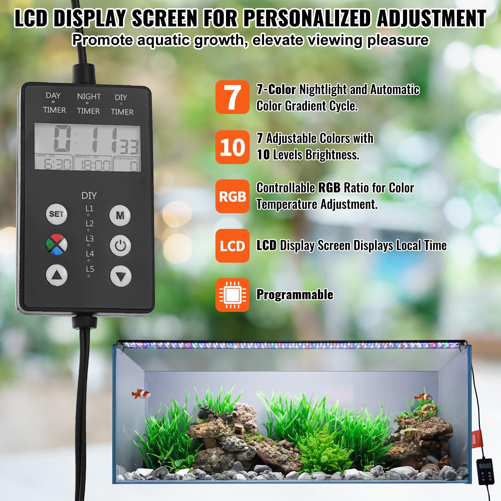 VEVOR Aquarium Light with LCD Monitor, 42W Full Spectrum Fish Tank Light with 24/7 Natural Mode, Adjustable Brightness & Timer -