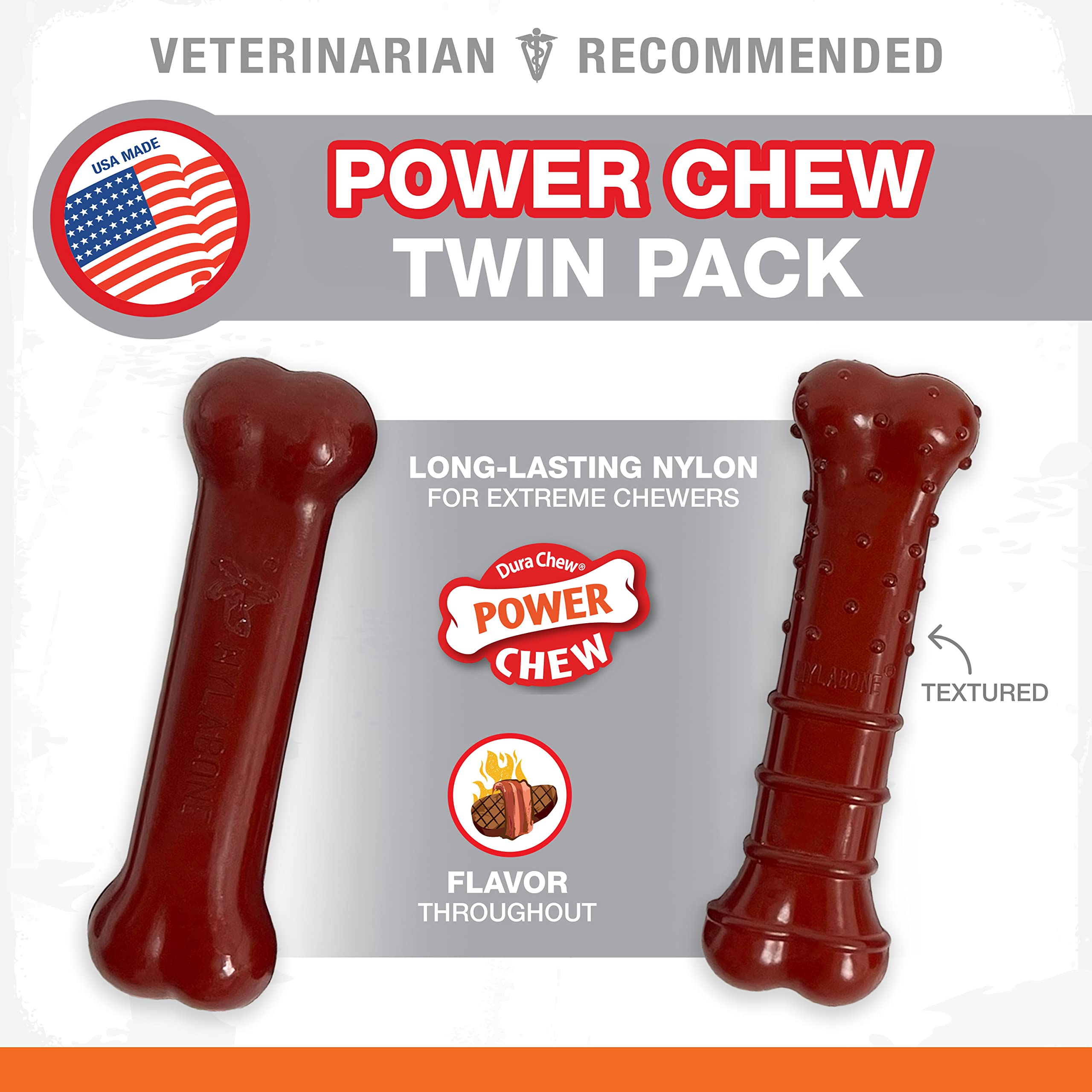 Nylabone Basted Blast Original & Textured Bone Power Chew Toy For Dogs, Dog Toys For Aggressive Chewers, Bacon And Steak Flavor, Small - Up To 25 Lbs, 2 Pack
