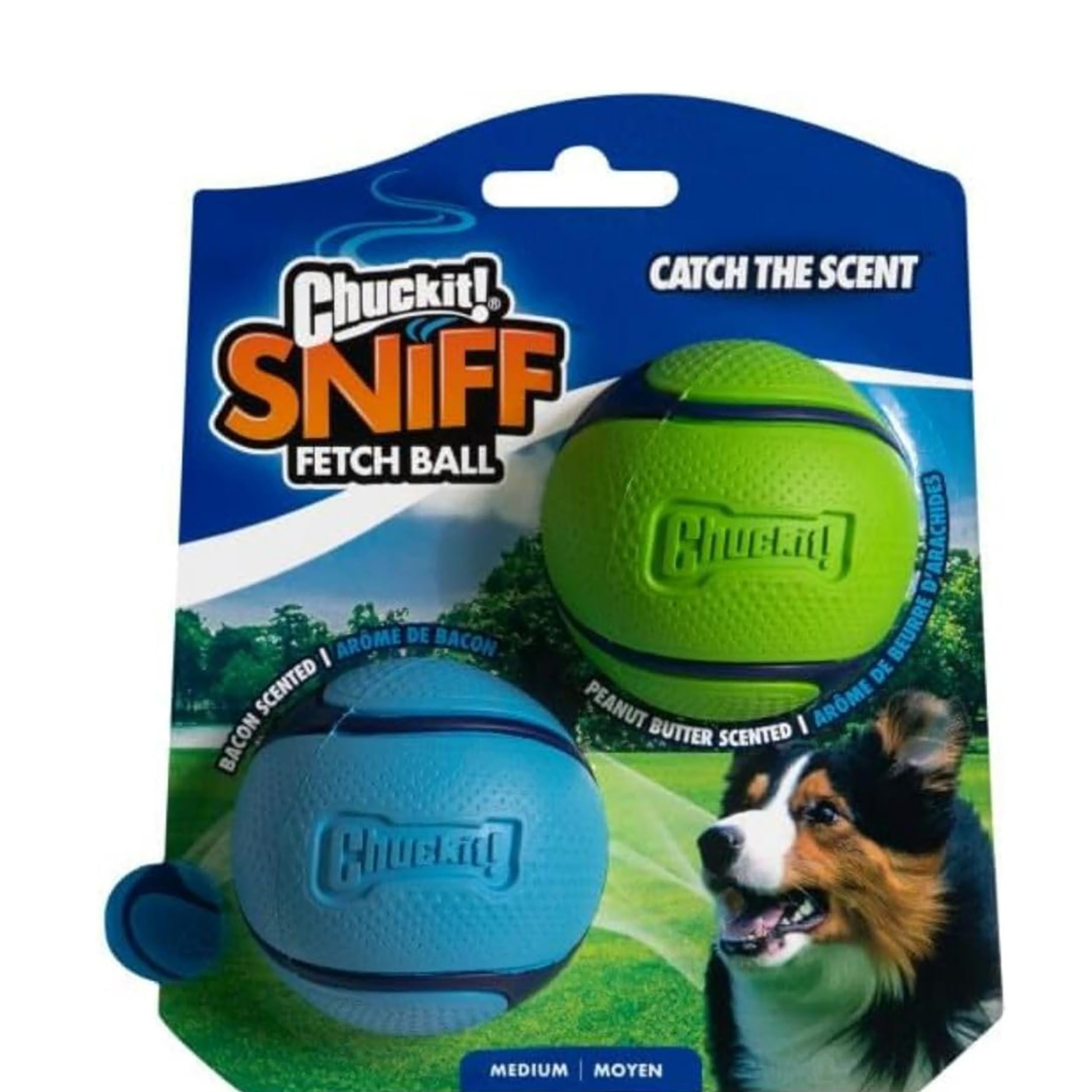 Chuckit! Sniff Ball Dog Toy, Durable High Bounce Bacon And Peanut Butter Scented Rubber Dog Ball Fetch Toy, Medium, 2 Pack