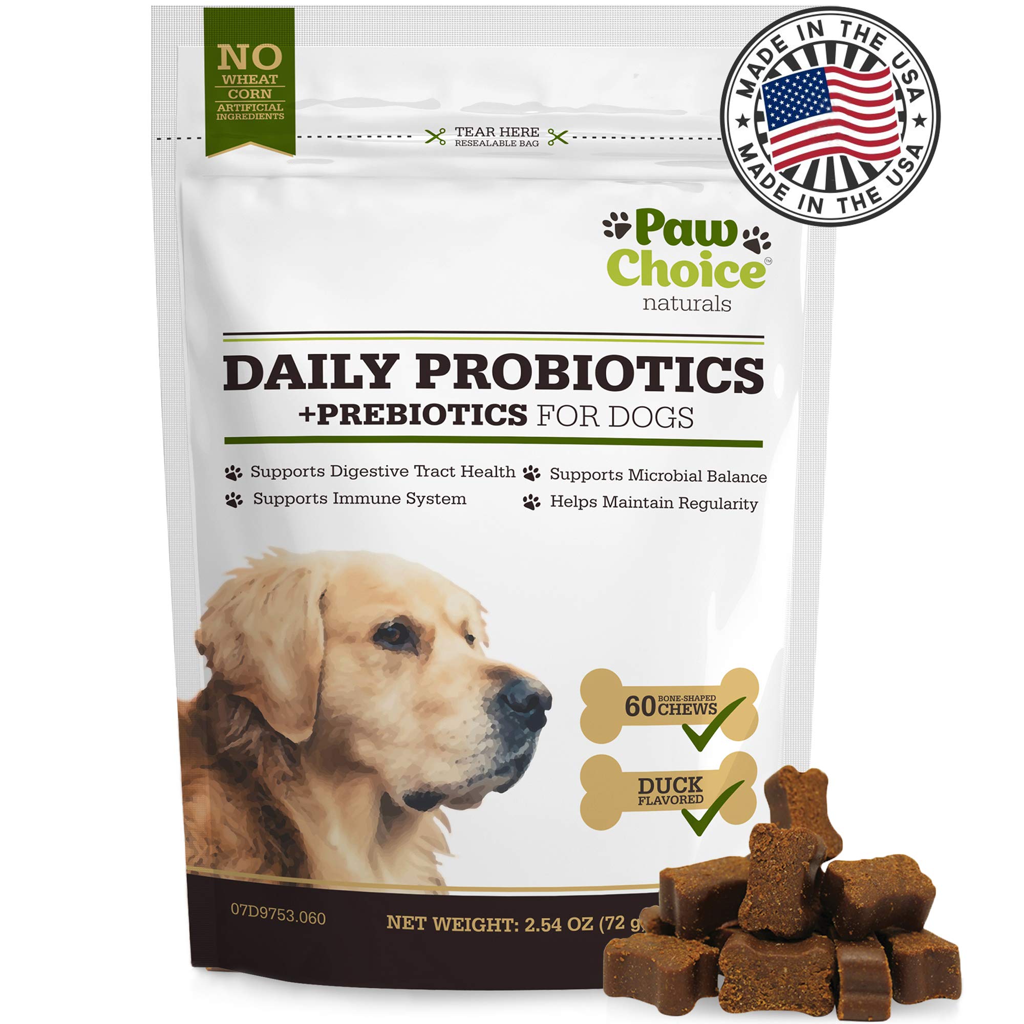 Paw Choice Probiotics for Dogs with Prebiotics - Daily Chews for Gut Health, Digestion, Regularity, and Immune Support - Natural