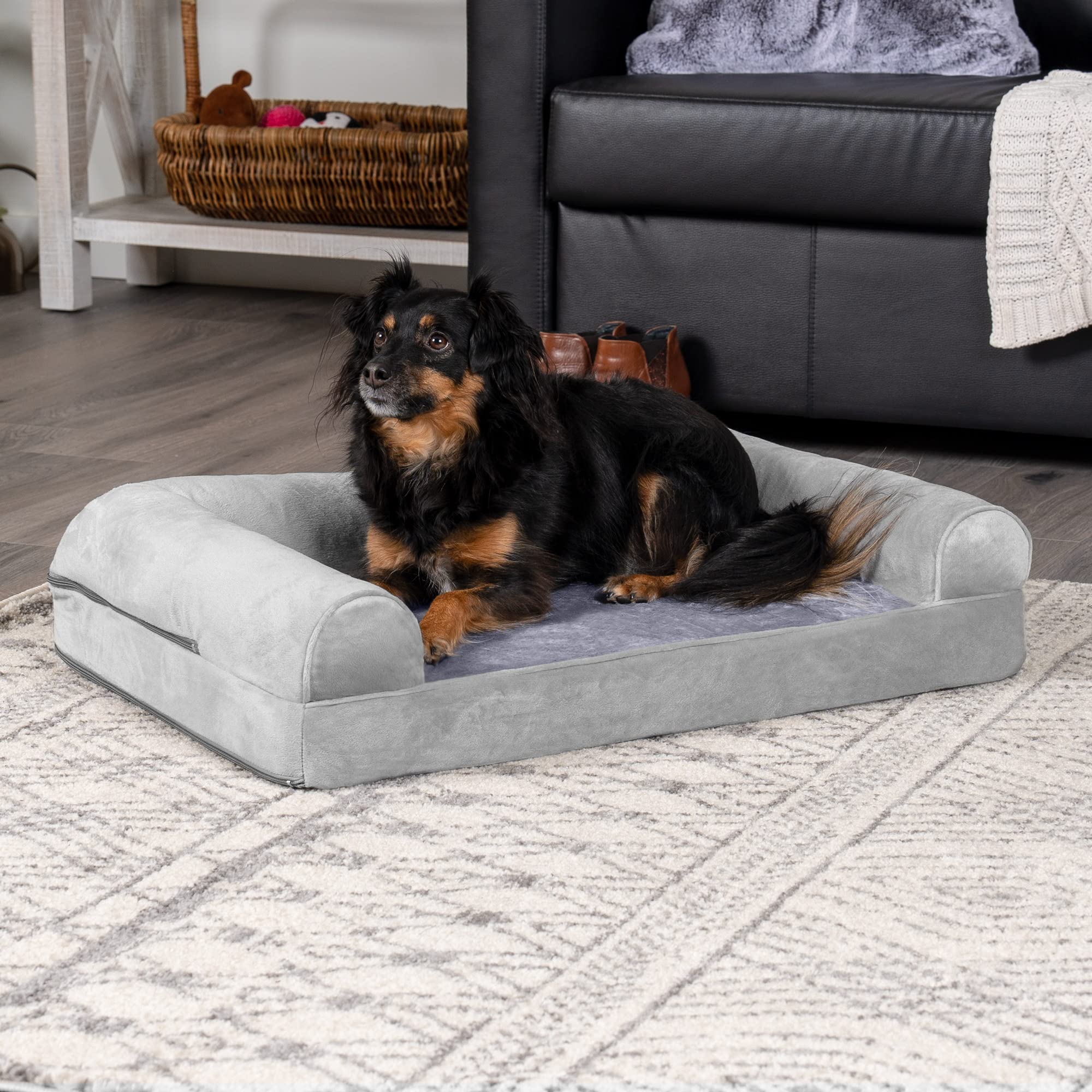 Furhaven Orthopedic Dog Bed for Medium/Small Dogs w/ Removable Bolsters & Washable Cover, For Dogs Up to 35 lbs - Faux Fur & Vel