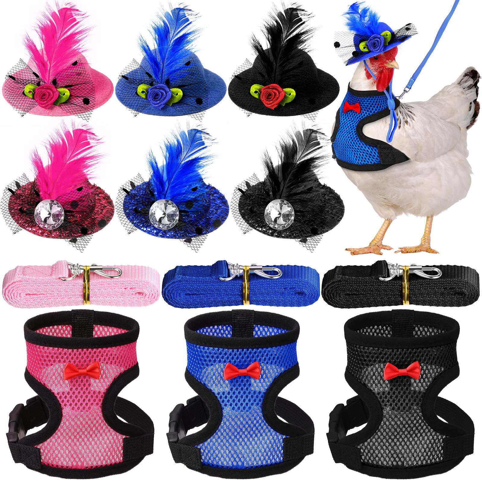 9 Pcs Funny Chicken Accessories Set - Harness, Leash & Hats for Hens, Ducks, Geese & Parrots - Adjustable, Training Walking Supp