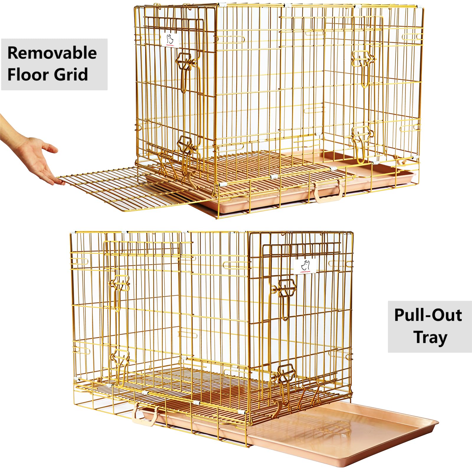 Homey Pet Gold Color Folding Design Dog Crate Puppy Kennel With Removable Floor Grid And Pull Out Tray