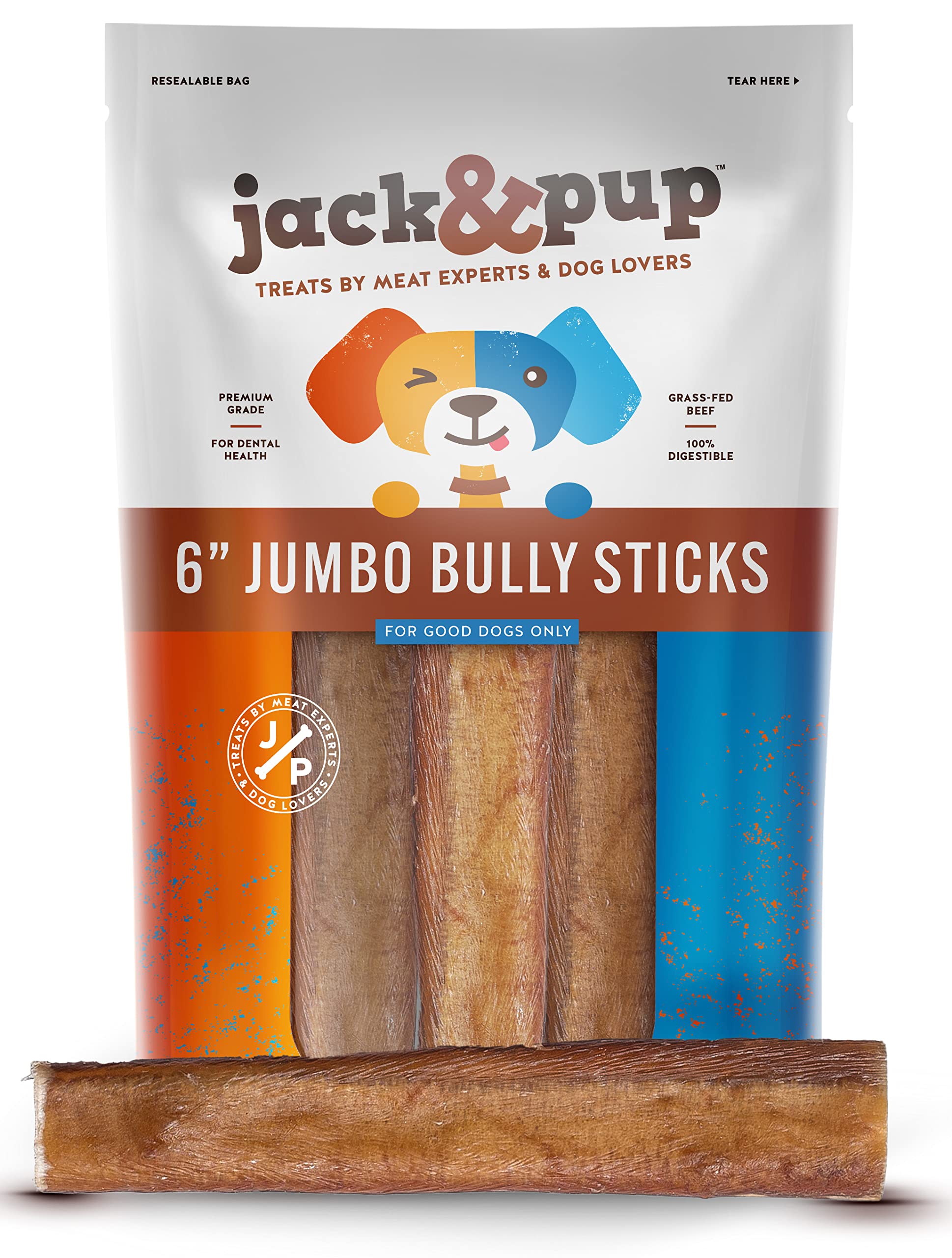 Jack&Pup 6-inch Jumbo Bully Sticks (6 Pack) Single Ingredient, Extra Thick Pizzle Sticks for Dogs | Longest Lasting Bully Sticks