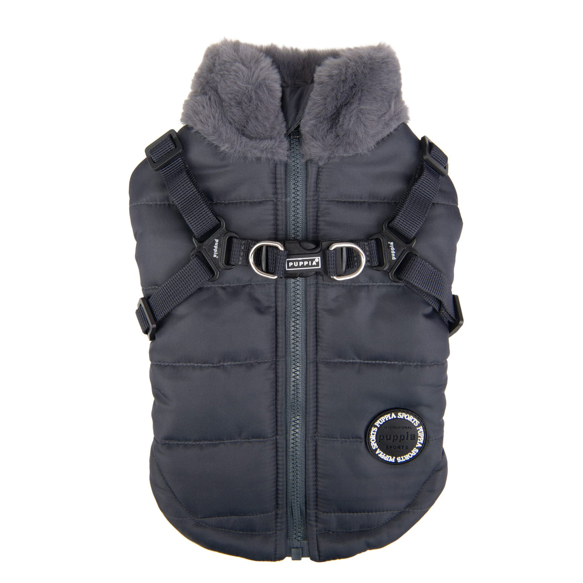 Puppia Donavan Winter Dog Coat With Integrated Harness No Pull Cold Weather Waterproof Warm Fleece Back Zipper For Small & Medium Dog, Grey, Large