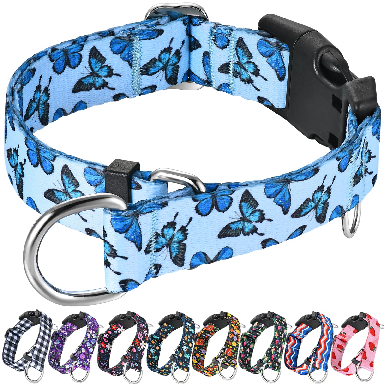 Fidohug Martingale Dog Collar With Buckle Adjustable Nylon Cute Girl No Pull Anti Escape Training Dog Collars (Blue Butterfly, M