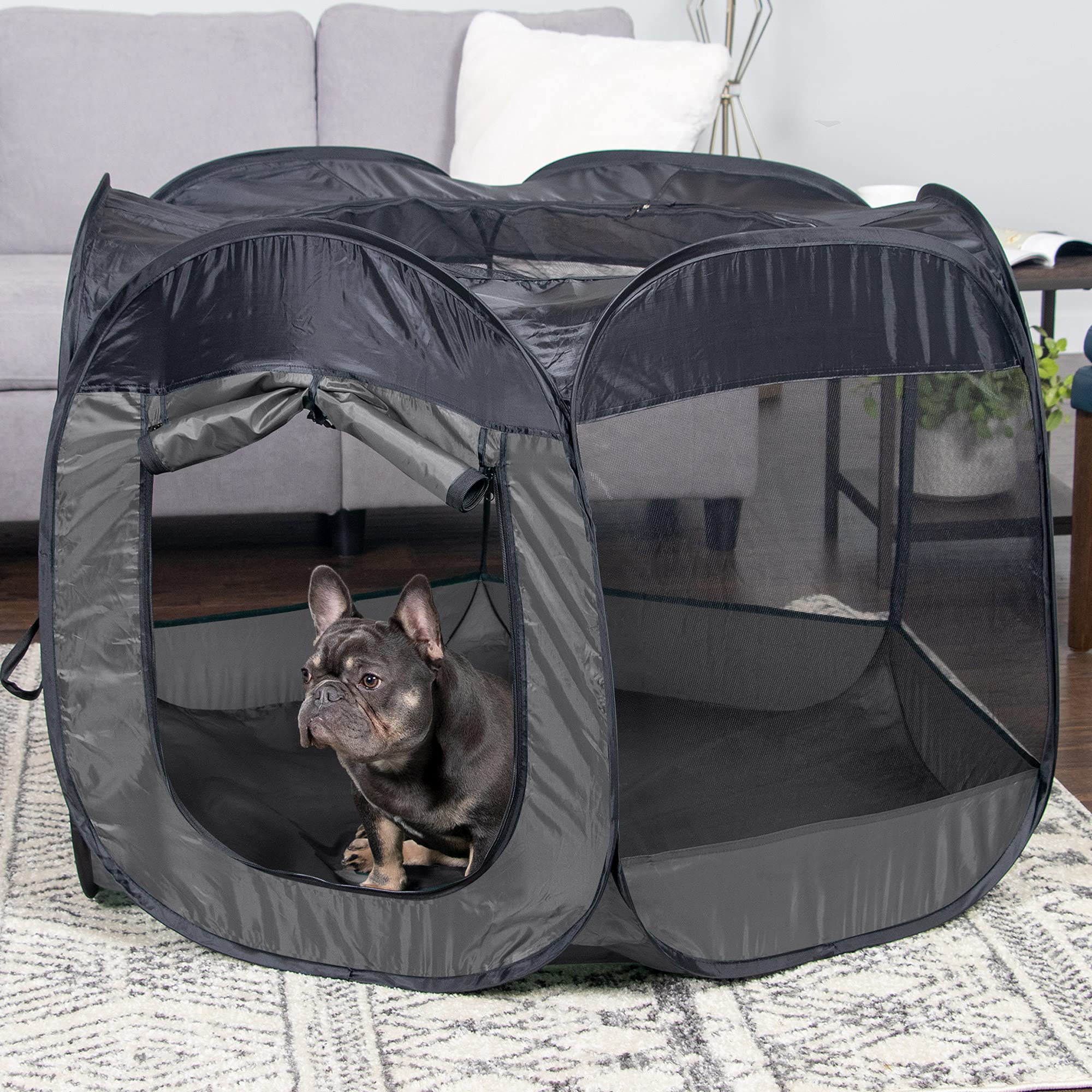 Furhaven Portable Dog Playpen Cat Tent, Pet Playground/Kennel Foldable Indoor Outdoor Zippered Puppy Crate - Gray, Large