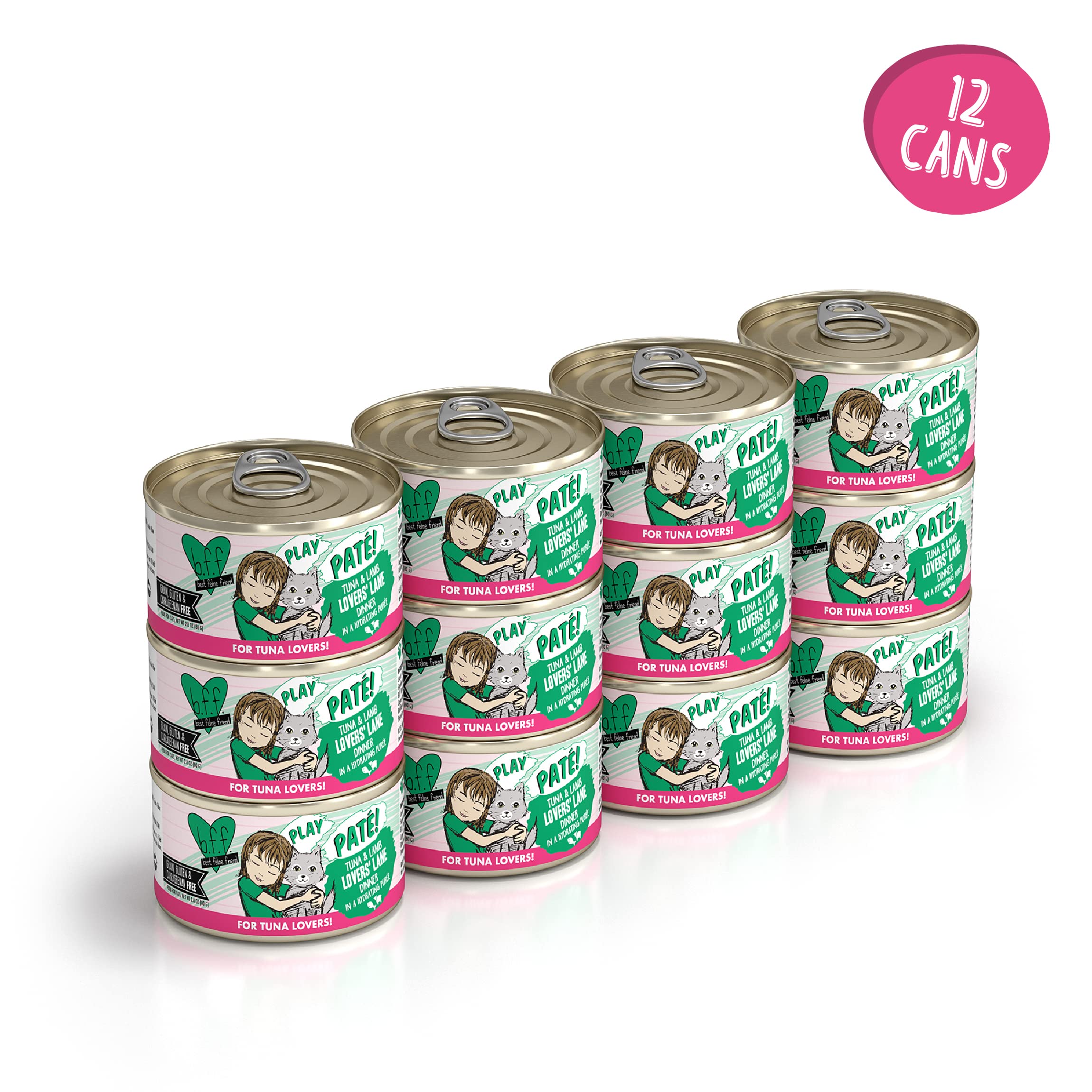 B.F.F. Play - Best Feline Friend Pat   Lovers, Aw Yeah!, Tuna & Lamb Lovers Lane with Tuna & Lamb, 2.8oz Can (Pack of 12)