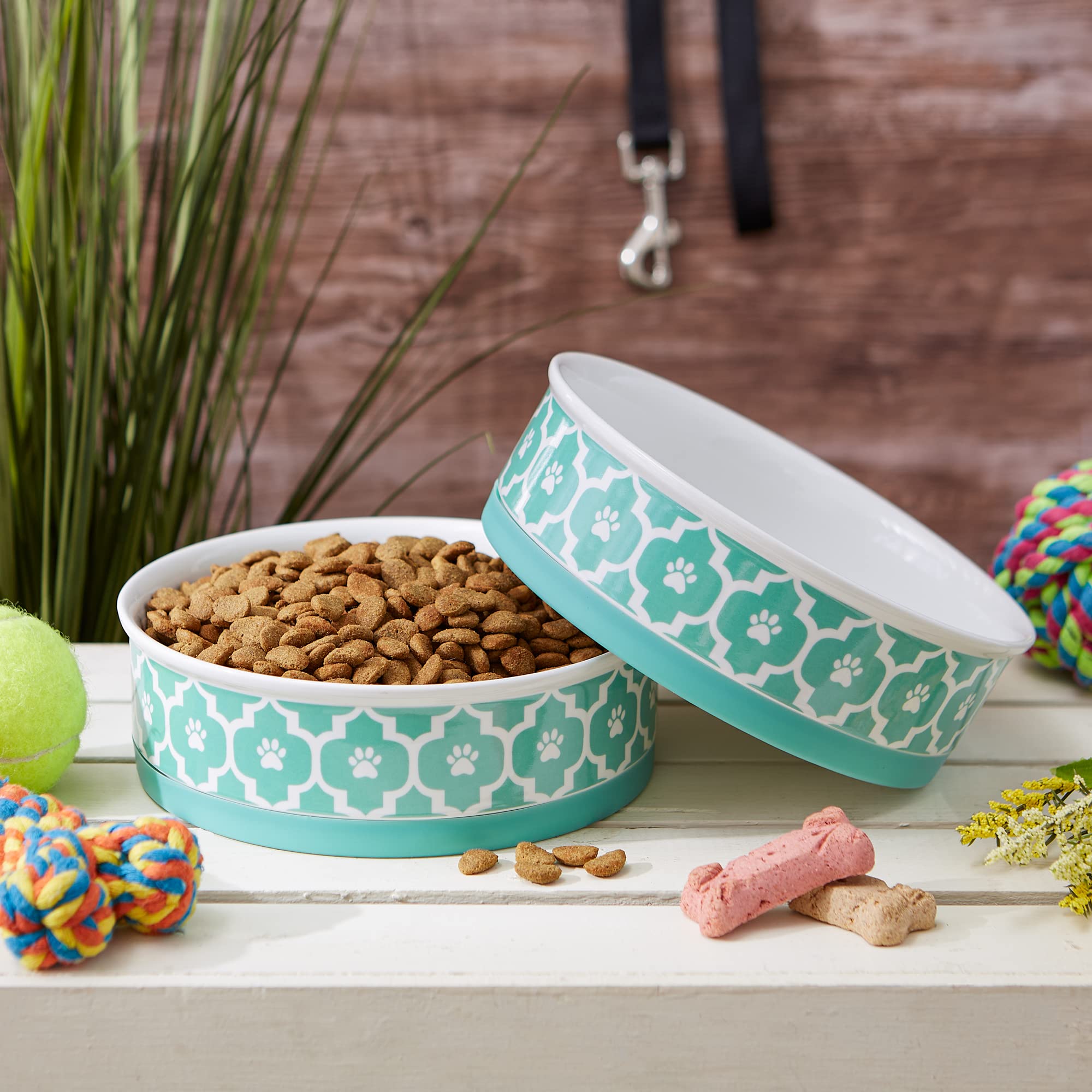 Bone Dry Paw Print Ceramic Pet Bowl, Lattice Collection, Large Set, 7.5x2.4, Aqua, 2 Count