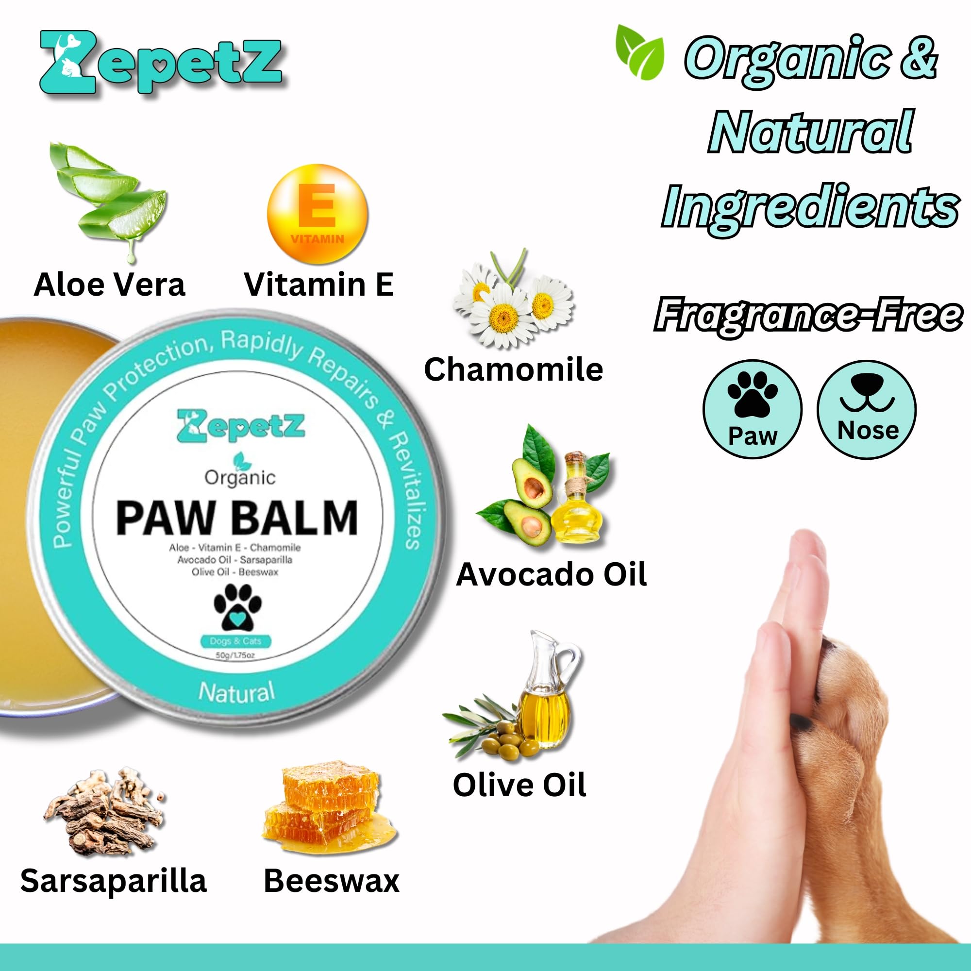 ZepetZ - Lick-Safe Organic Paw & Nose Balm for Dogs & Cats - 100% Natural, Hypoallergenic & Vegan - Heals, Protects & Restores D