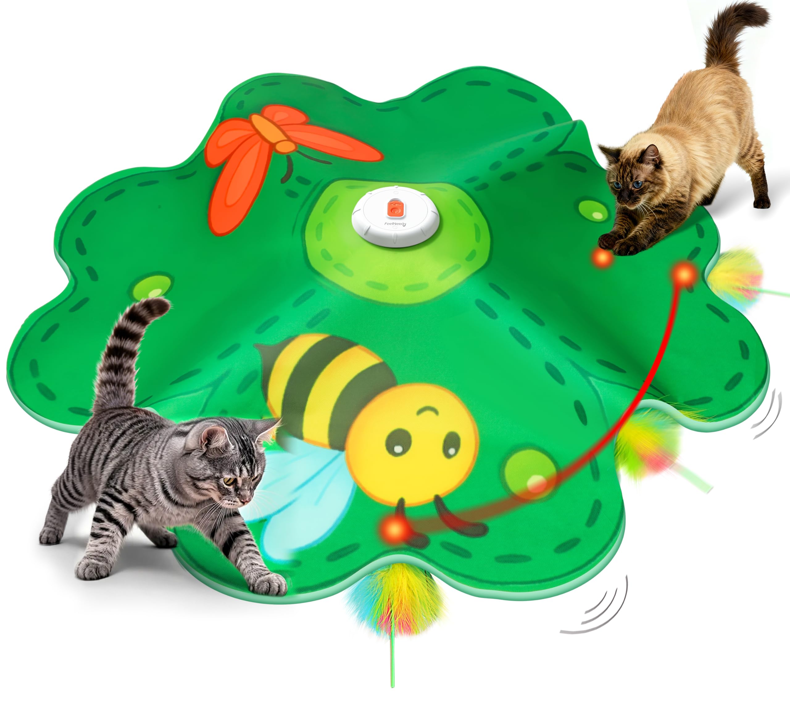 FEELNEEDY Rechargeable Cat Toys, 2 in 1 Hide and Seek Game Interactive Cat Toy, Movable LED Red Dot, Concealed Feathers, Durable