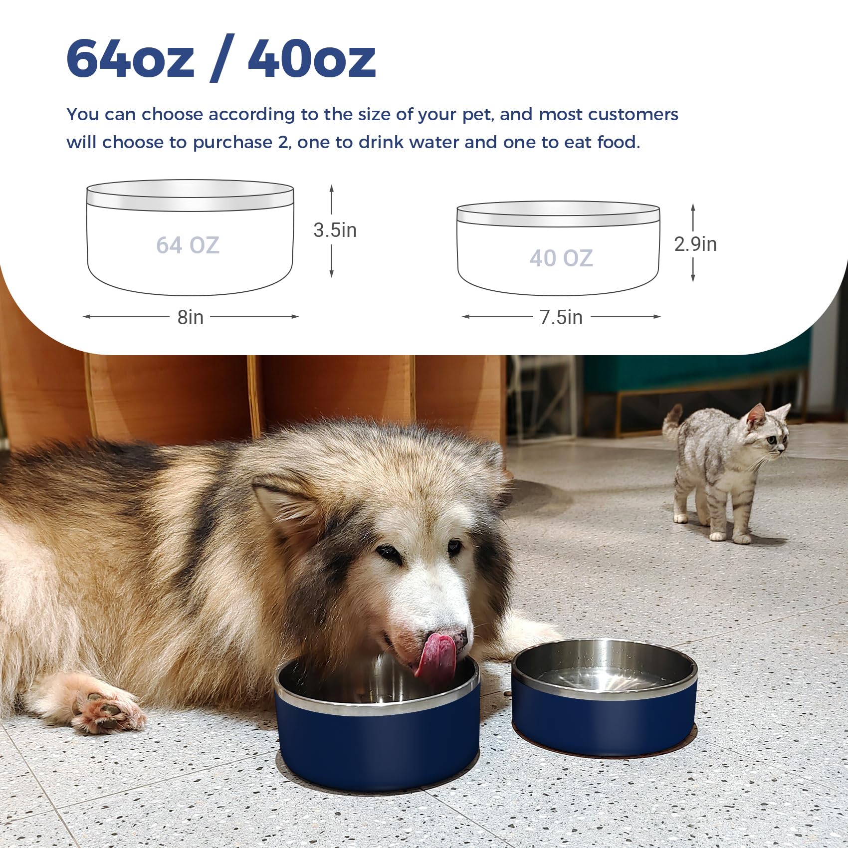 WENBOKMIN Dog Bowl, Stainless Steel Dog Food and Water Bowl with Non Slip Quiet Bottom, Easy to Clean, Dishwasher Safe, 64oz, Bl