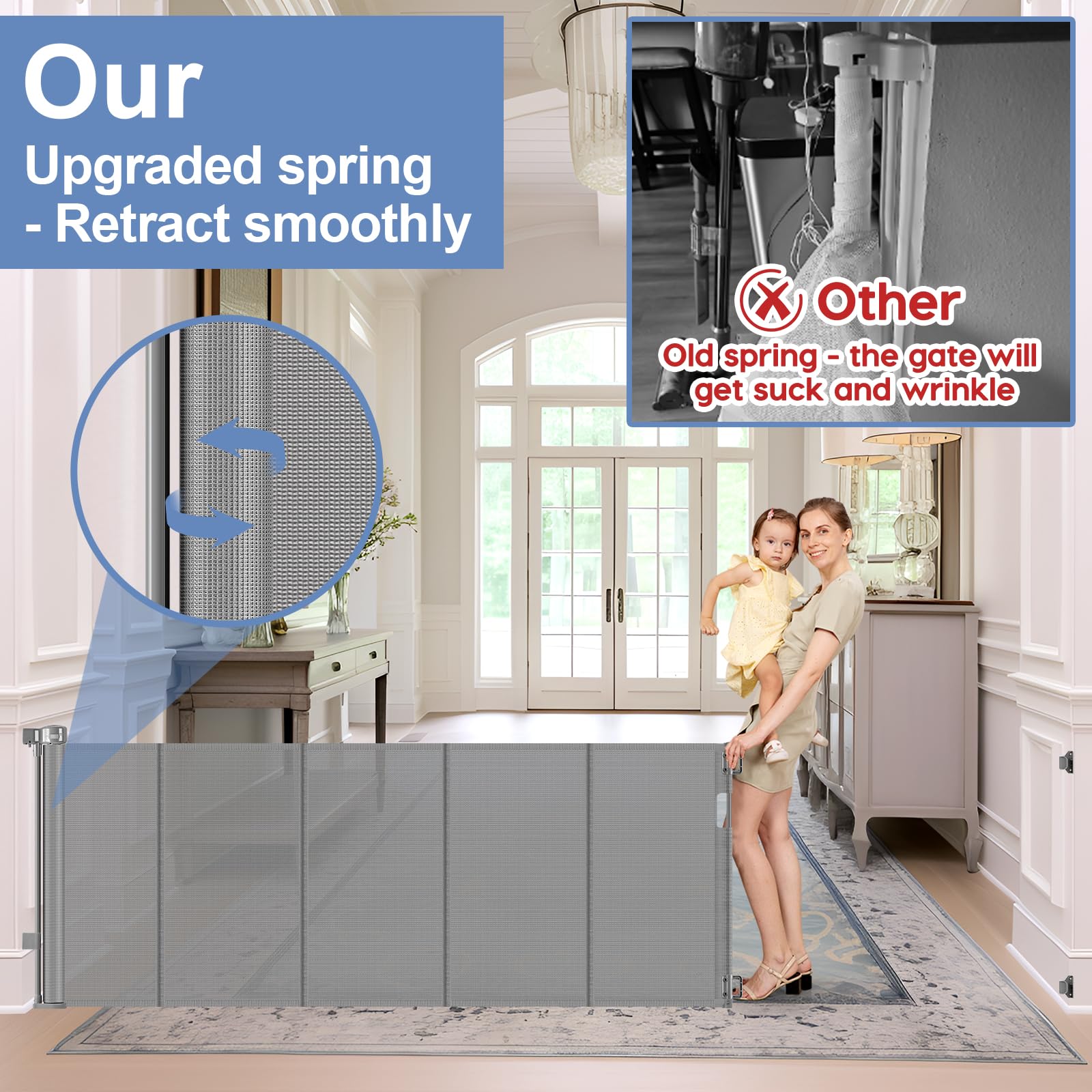 Reinforced bottom 90 Inch Extra Wide Baby Gate for Large Openings Retractable Baby Gates Extra Wide Upgraded Spring Retractable