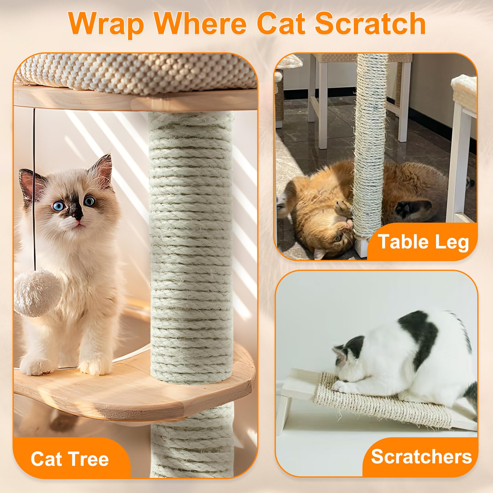 Natural White Sisal Rope For Cat Scratchers, 1/4'' Thick (164Ft) - Includes Cat Self-Groomer & Ball, Perfect For Diy Cat Posts O