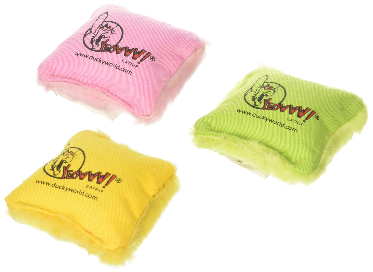 Speciality Pack Containing 3 Yeowww! 100% Organic Catnip Pillows (Contains A Pink, Yellow And Green Pillow)