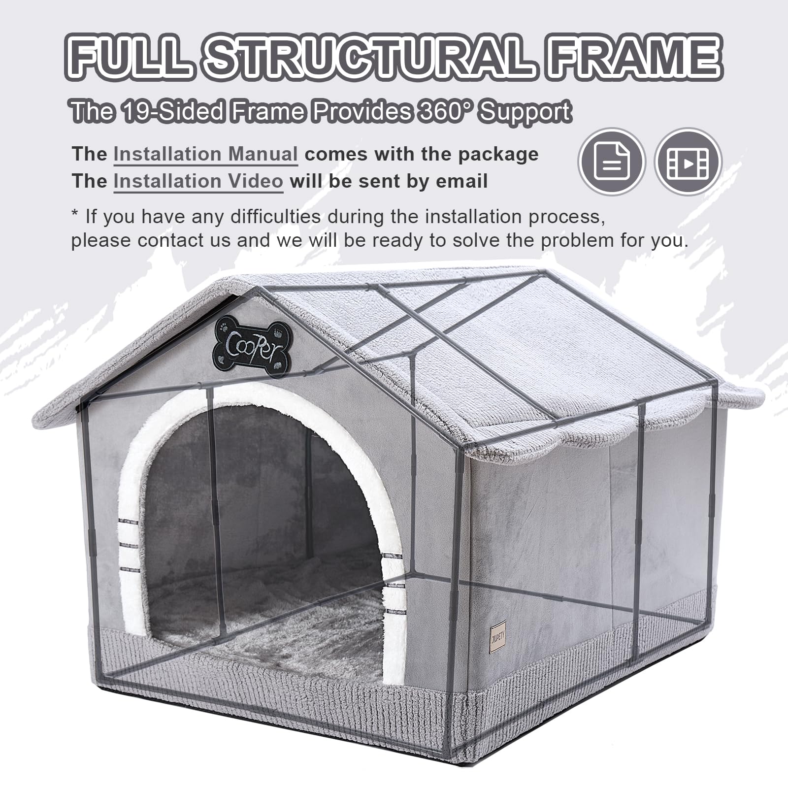 Jiupety Large Indoor Dog House, Insulated Cozy Bed for 60-100 lb Dogs, Jumbo 38"x30"x28", Grey Polyester