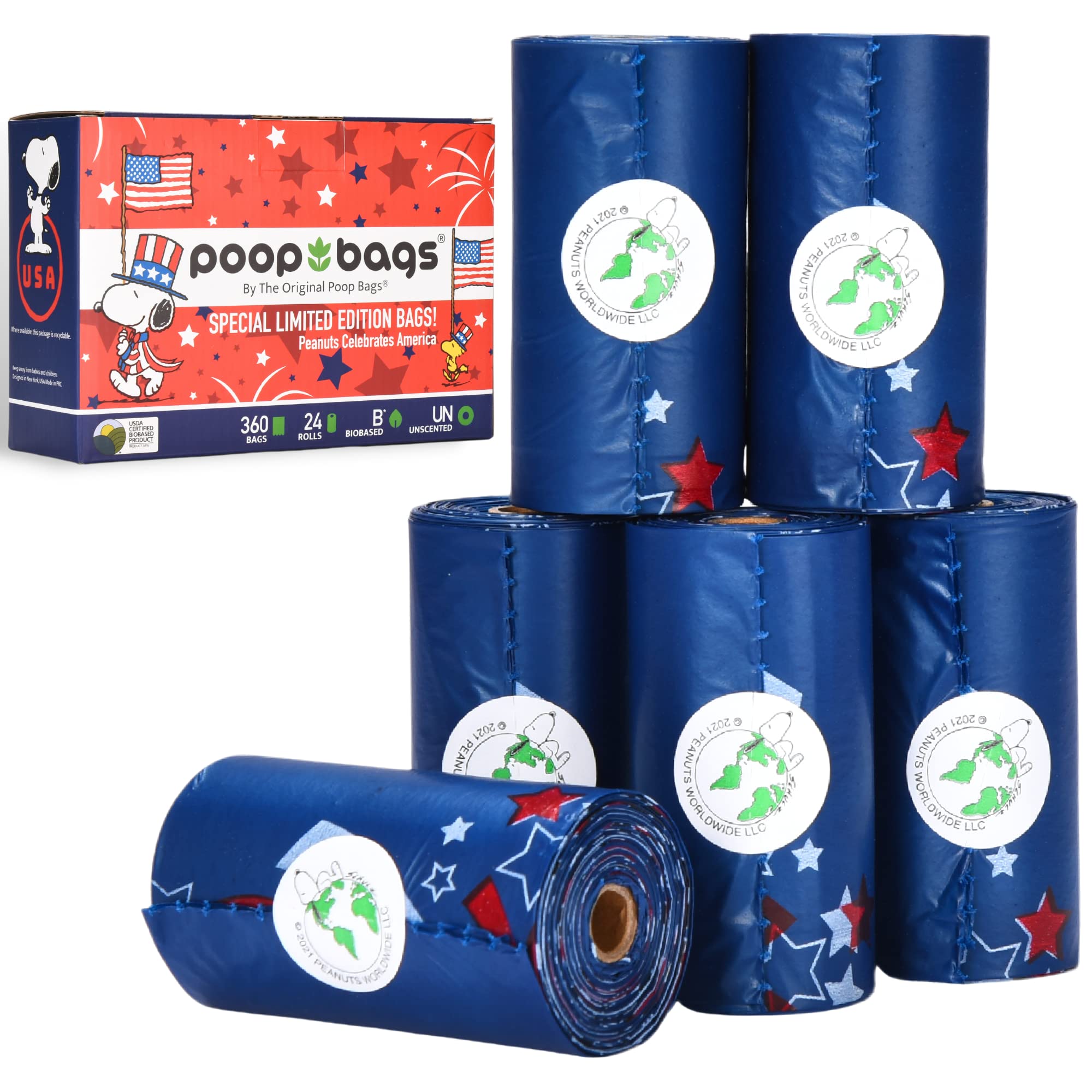 The Original Poop Bags Usda Certified 38% Plant-Based Dog Poop Bags, Peanuts Snoopy Americana Design, Leak-Proof & Strong, Unsce