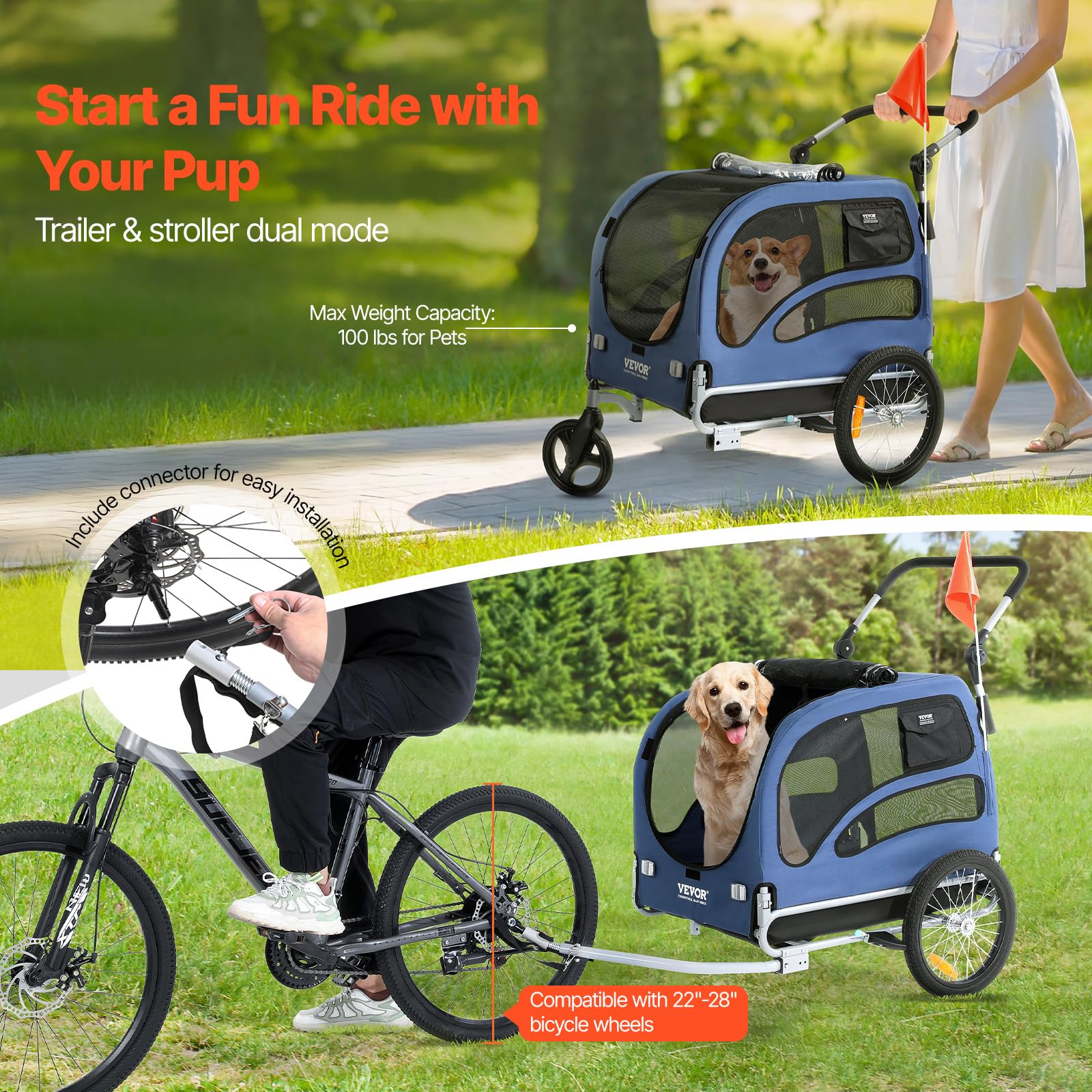 VEVOR Dog Bike Trailer, Supports up to 100 lbs, 2-in-1 Pet Stroller Cart Bicycle Carrier, Easy Folding Cart Frame with Quick Rel