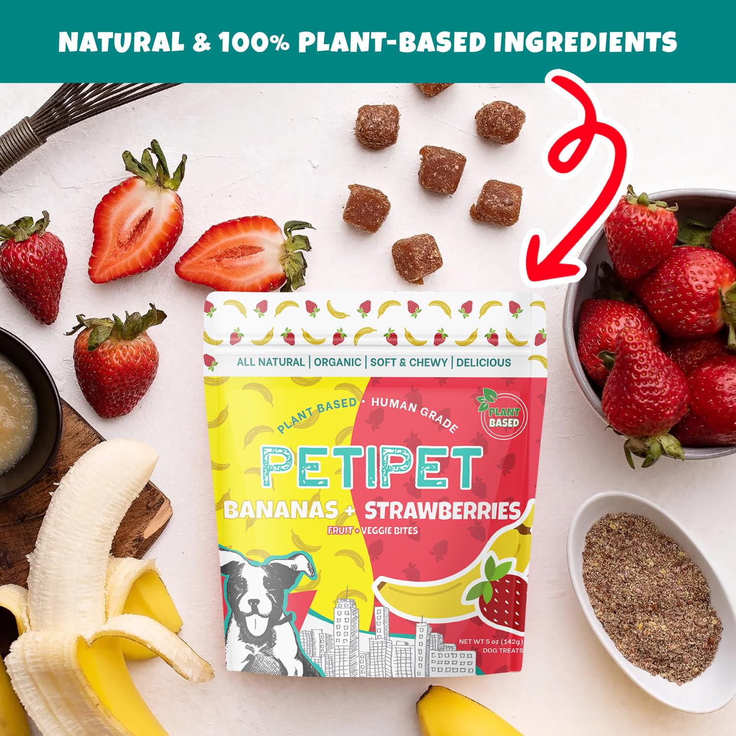 PETIPET Bananas+Strawberries Plant-Based Fruit Dog Treats - Strawberry, Apple, Banana Soft & Chewy Treats - Healthy, Vegetarian,
