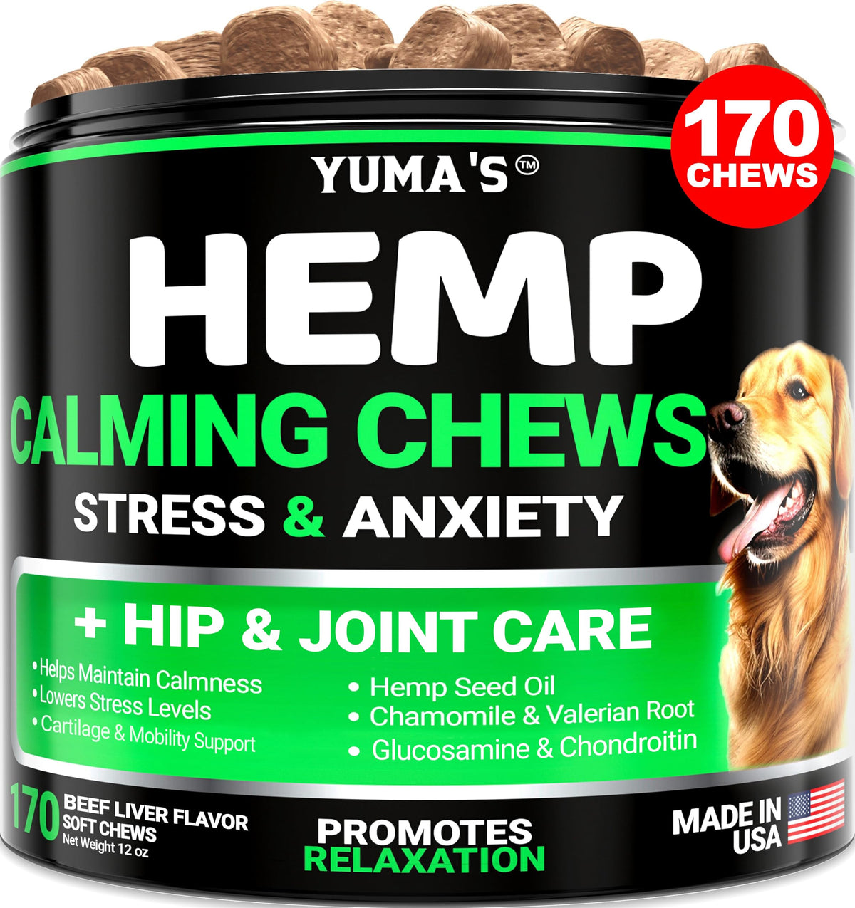 Yuma'S Hemp Calming Chews For Dogs - Advanced Dog Calming Chews - 170 Treats - Anxiety Relief Treats - Hemp Oil - Separation Aid, Stress, Hip And Joint Supplement For Canine Health Support