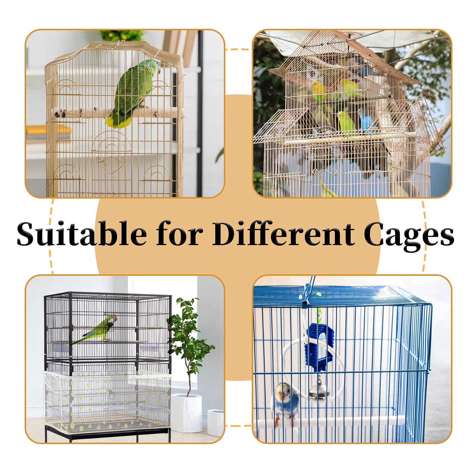 Daoeny Large Bird Cage Cover, Bird Cage Seed Catcher, Adjustable Soft Nylon Mesh Net With Daisy Pattern, Birdcage Cover Skirt Seed Guard For Parrot Parakeet Macaw Round Square Cages (White)