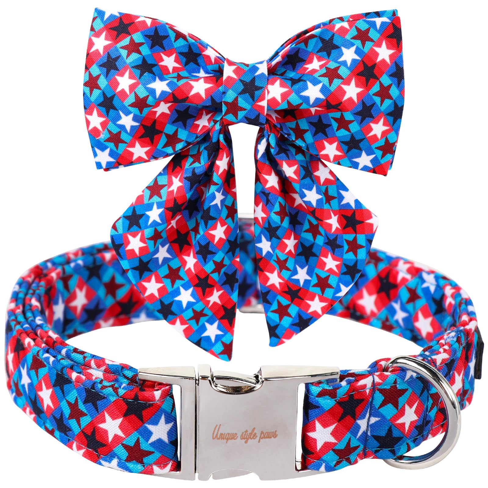 Unique Style Paws 4Th Of July Dog Collar With Bowtie, American Flag Dog Collars With Bow Adjustable Patriotic Puppy Collar For S