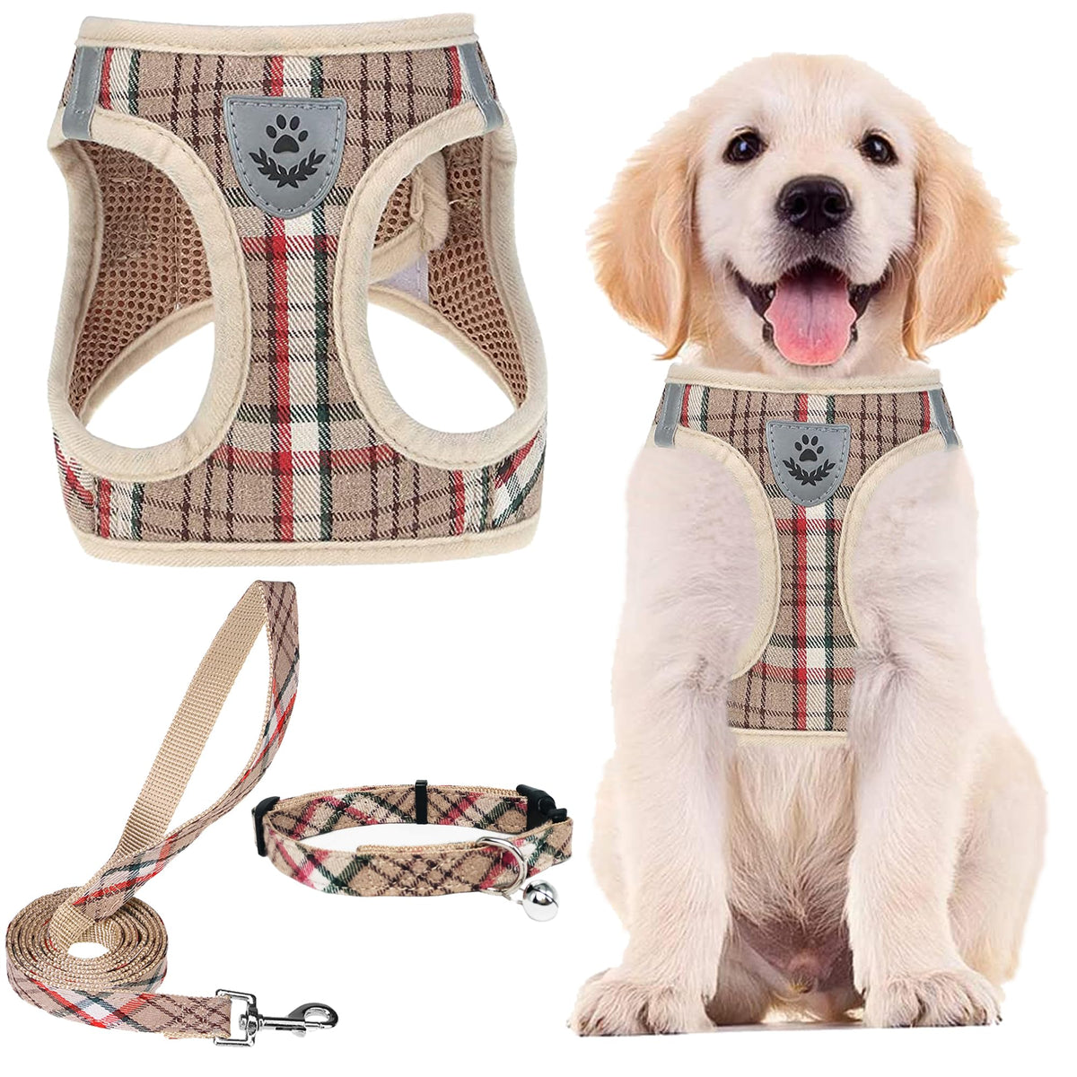 Pupteck Adjustable Dog Harness Collar And Leash Set Step In No Pull Pet Harness For Small Medium Dogs Puppy And Cats Outdoor Walking Running, Soft Mesh Padded Reflective Vest Harnesses, Khaki Xl