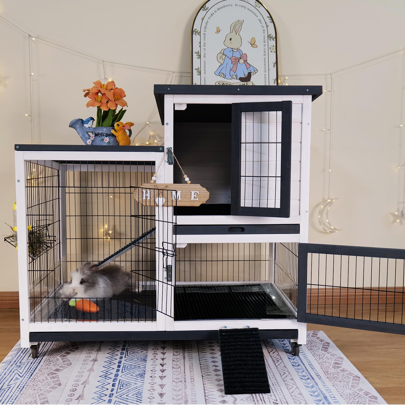 Funxplore Rabbit Hutch Indoor Bunny Cage Outdoor With Urine Guards 2 Storey Mobile Guinea Pig Cage Wire Bottom 2 Trays