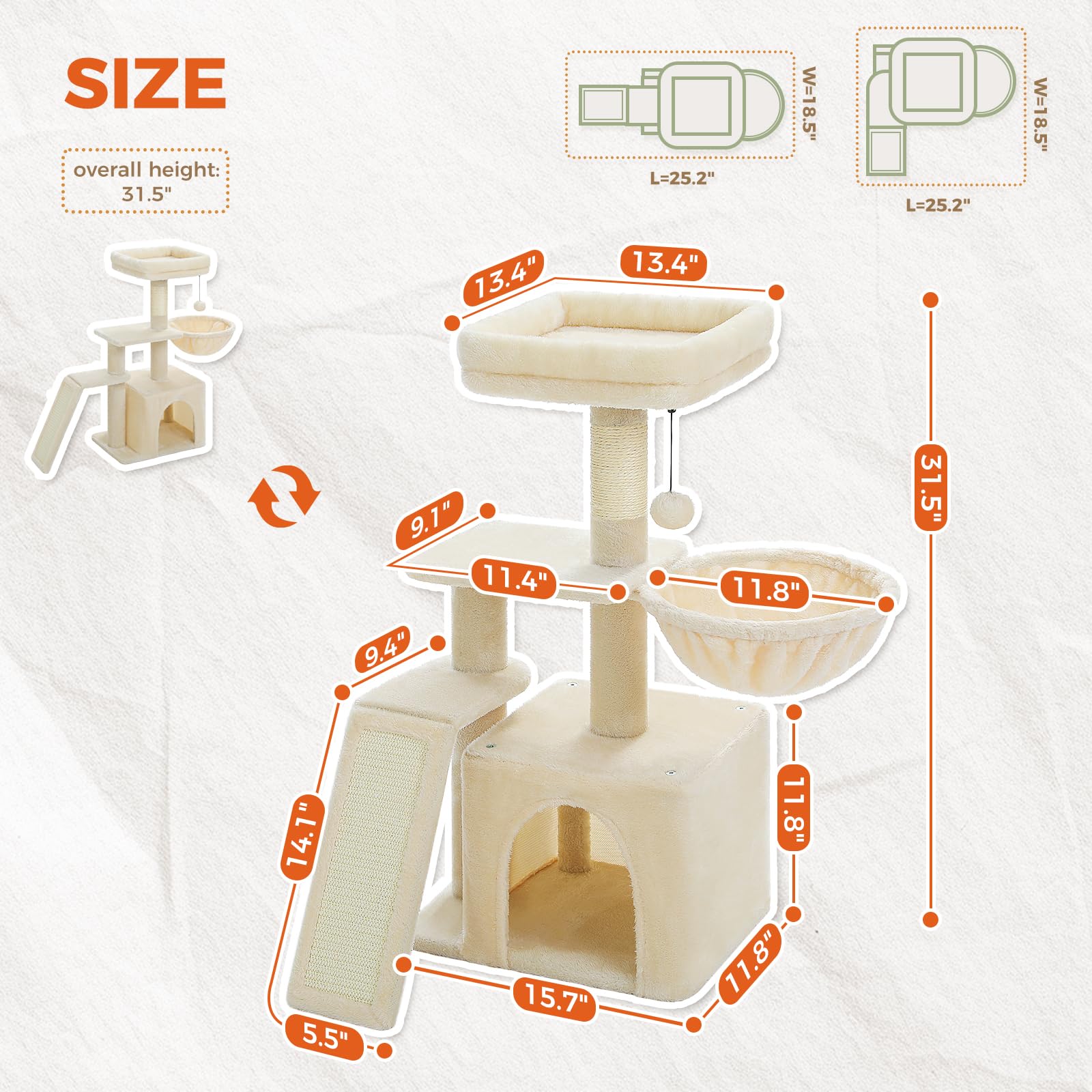 Petepela Small Cat Tree For Indoor Cats, 32'' Cute Cat Tower Cat Condo With Sisal Scratching Ramp, Cozy Hammock And Removable To