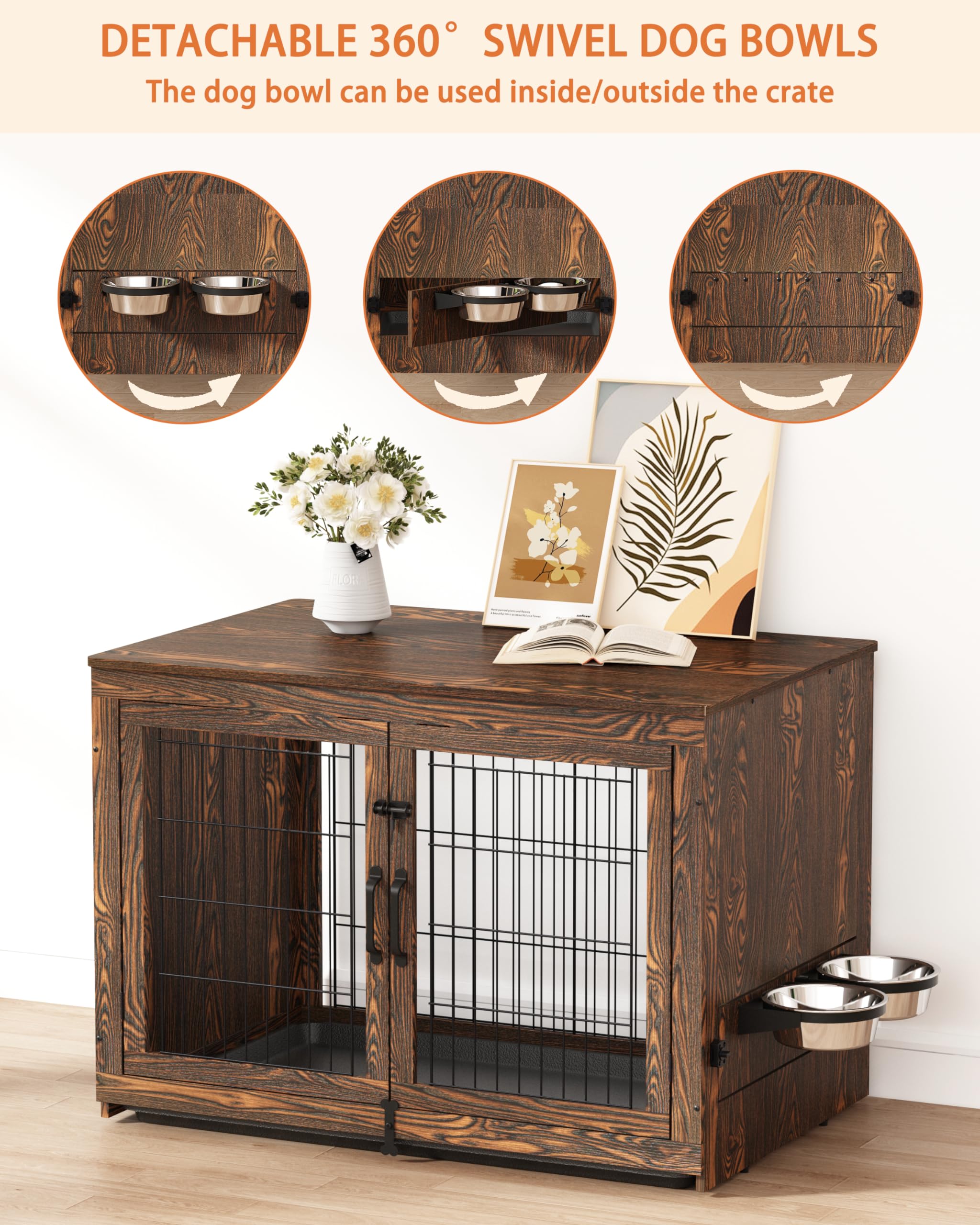 Piskyet Wooden Dog Crate Furniture With 360Rotatable Removable Dog Bowls, Dog Crate End Table With Tray, Double Doors Dog Kennel